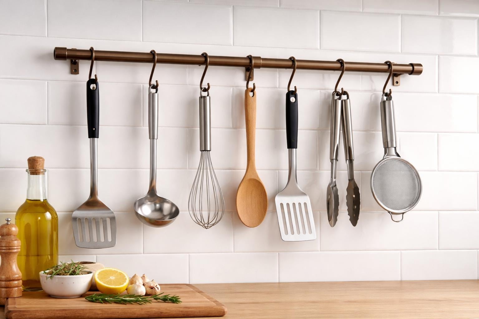 Handmade unlacquered brass pot rail with S hooks, wall mounted utensil rail