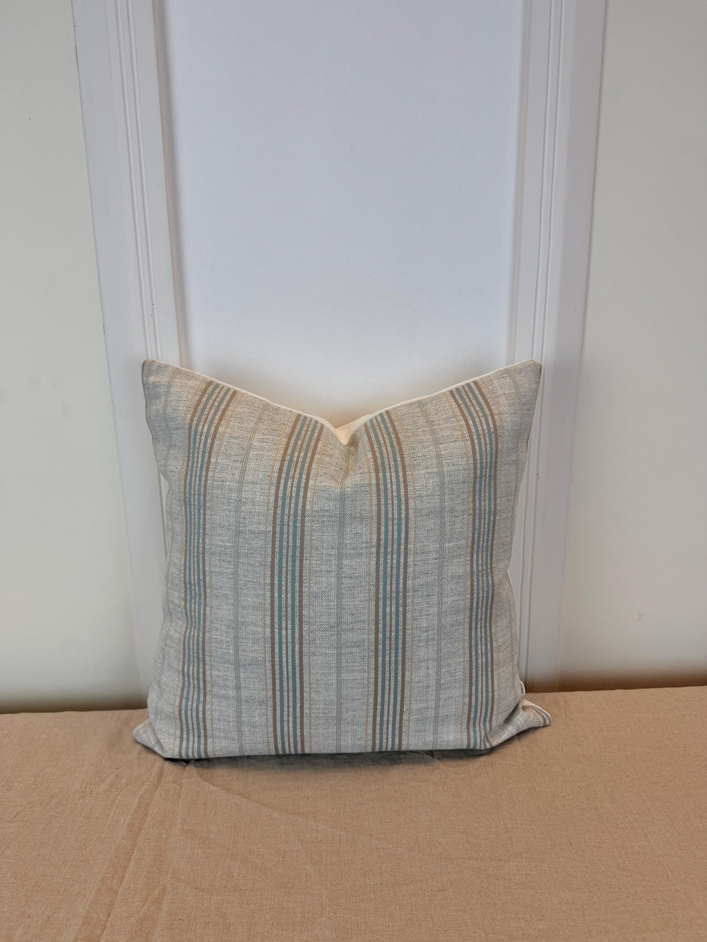 Beige and soft blue striped pillow cover, farmhouse style