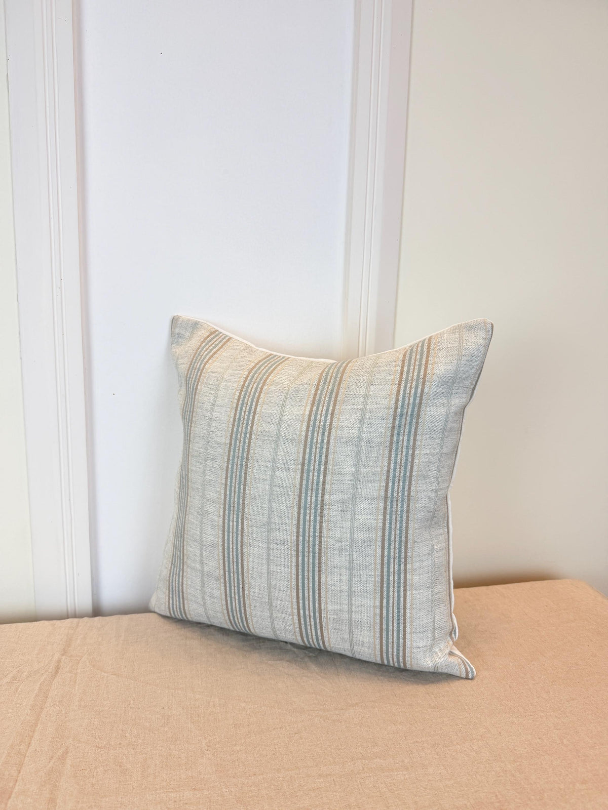 Beige and soft blue striped pillow cover, farmhouse style - view 2