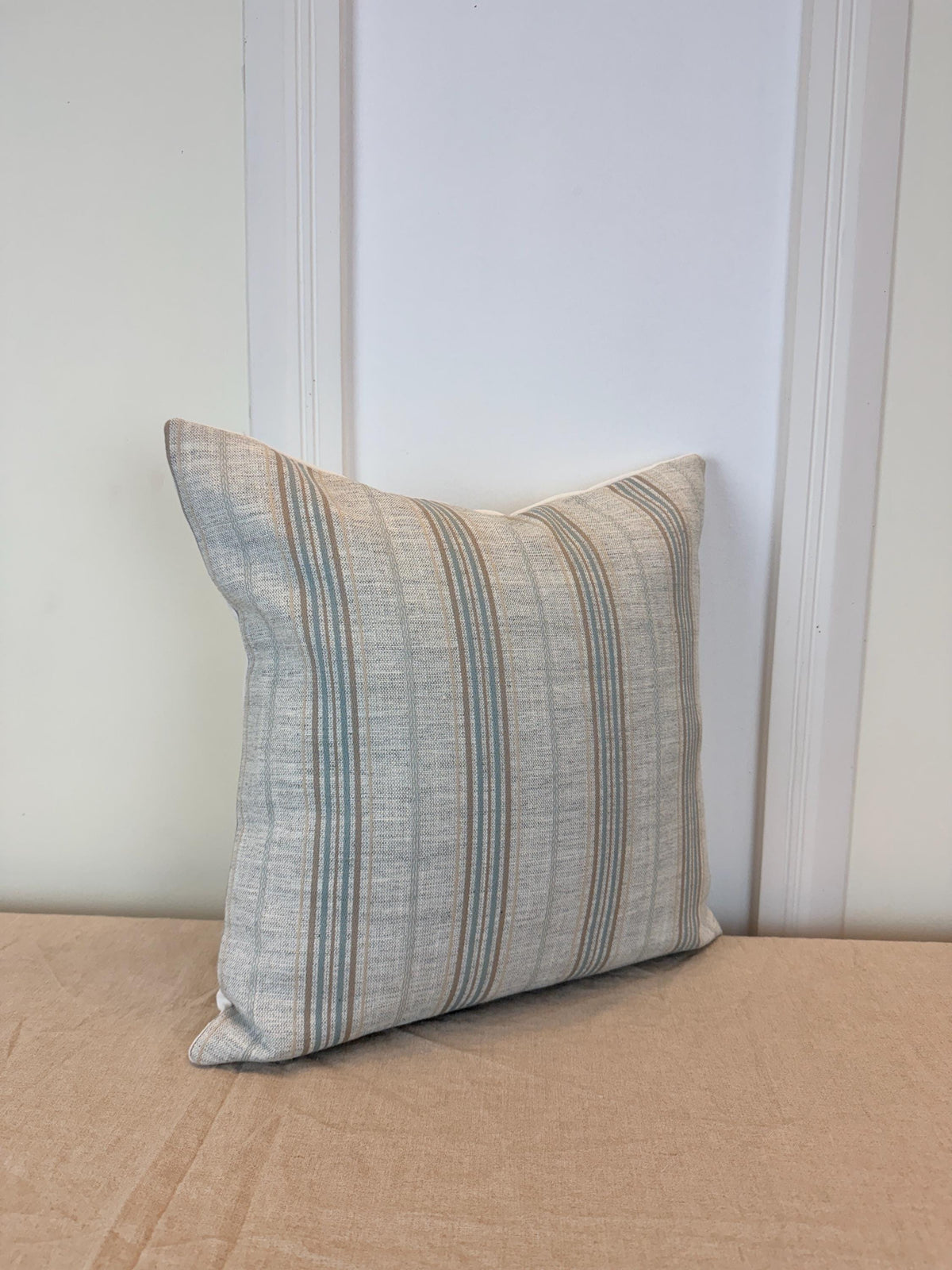 Beige and soft blue striped pillow cover, farmhouse style - view 3