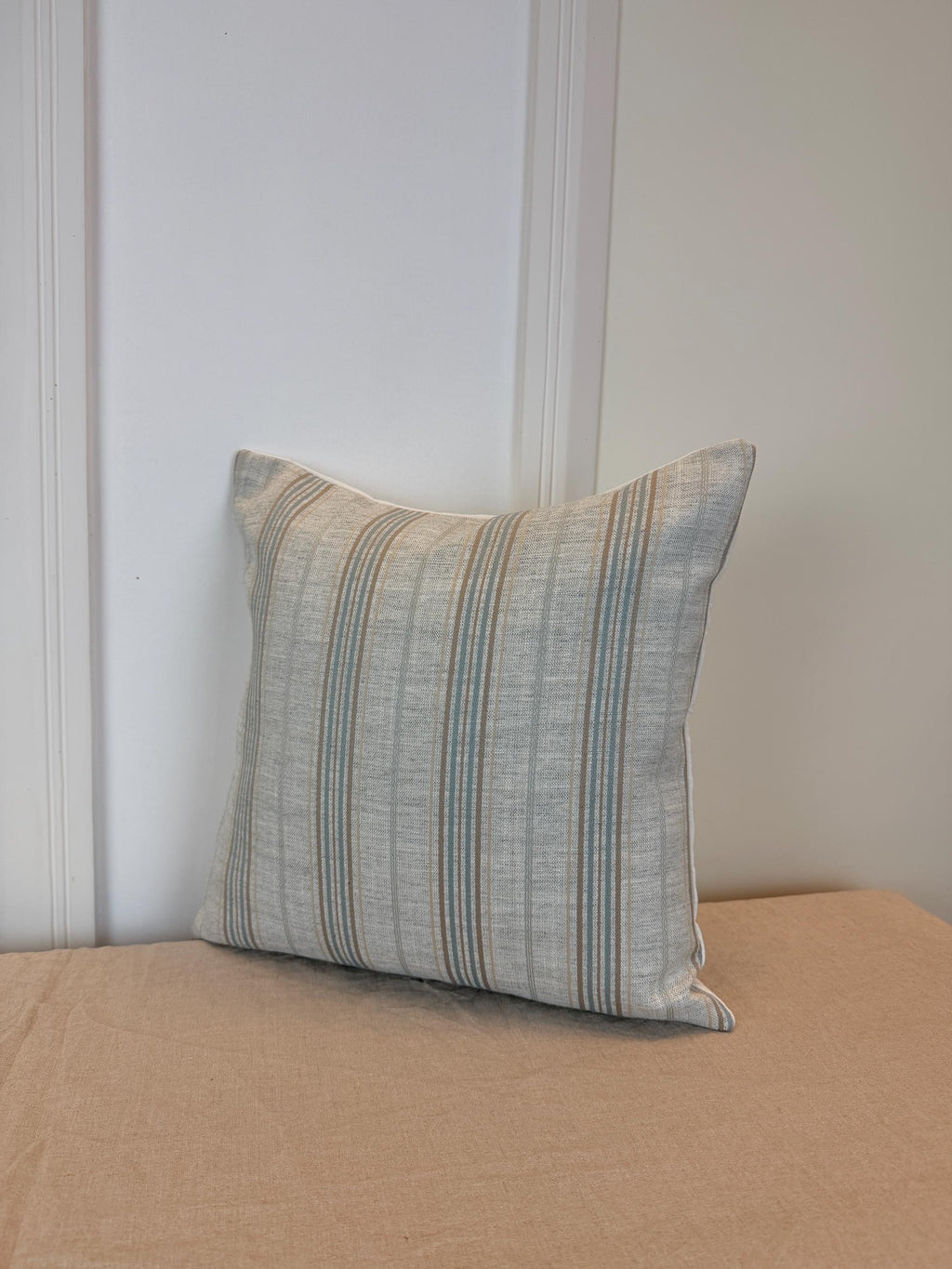 Beige and soft blue striped pillow cover, farmhouse style - view 6