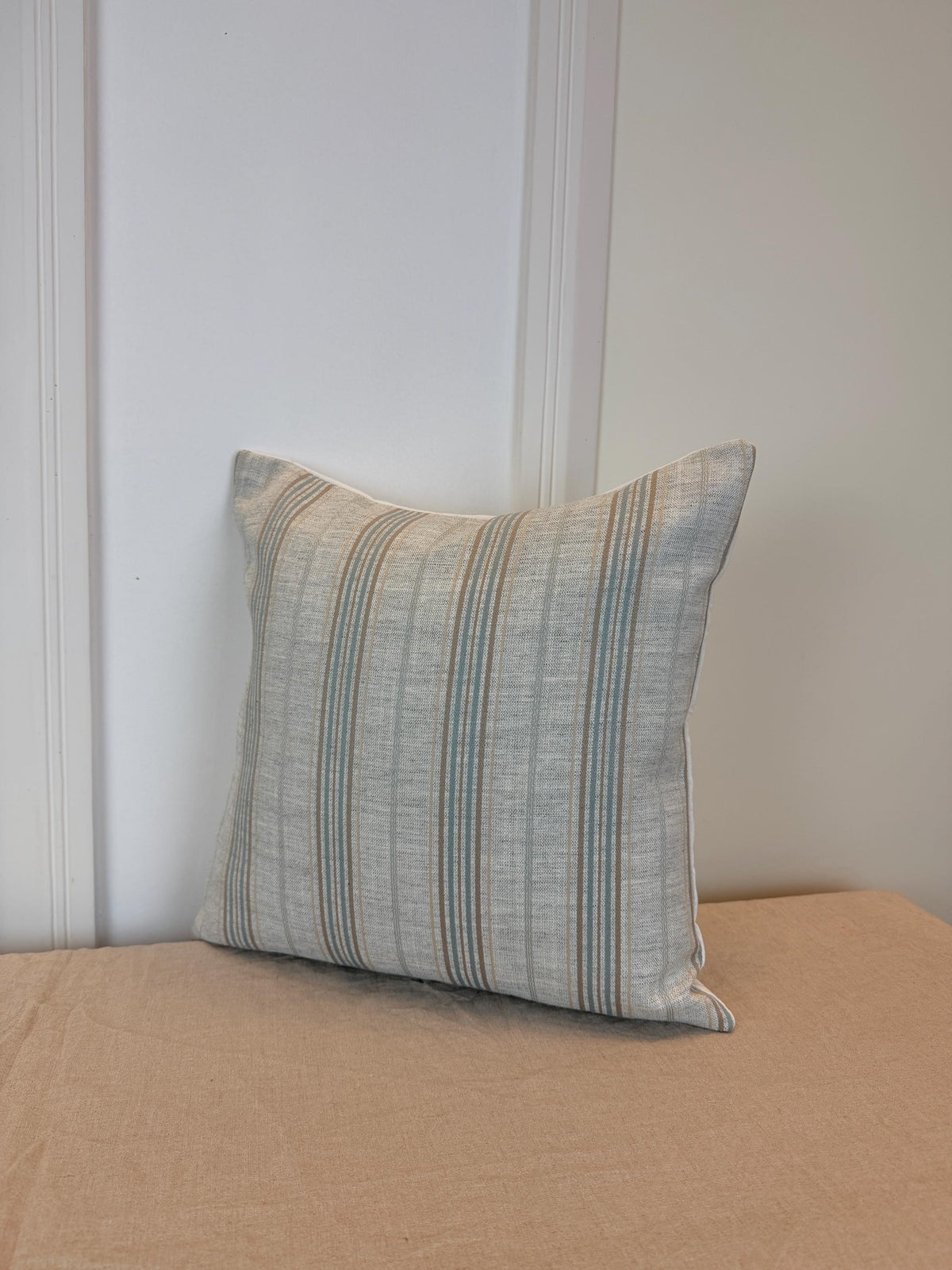 Beige and soft blue striped pillow cover, farmhouse style - view 6
