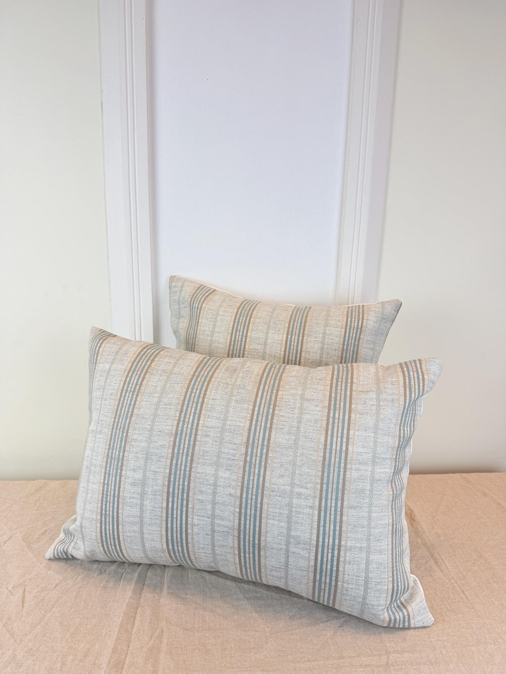 Beige and soft blue striped pillow cover, farmhouse style - view 7