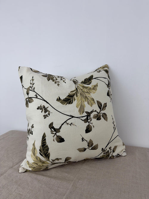 Botanical floral linen pillow cover in cream and olive green