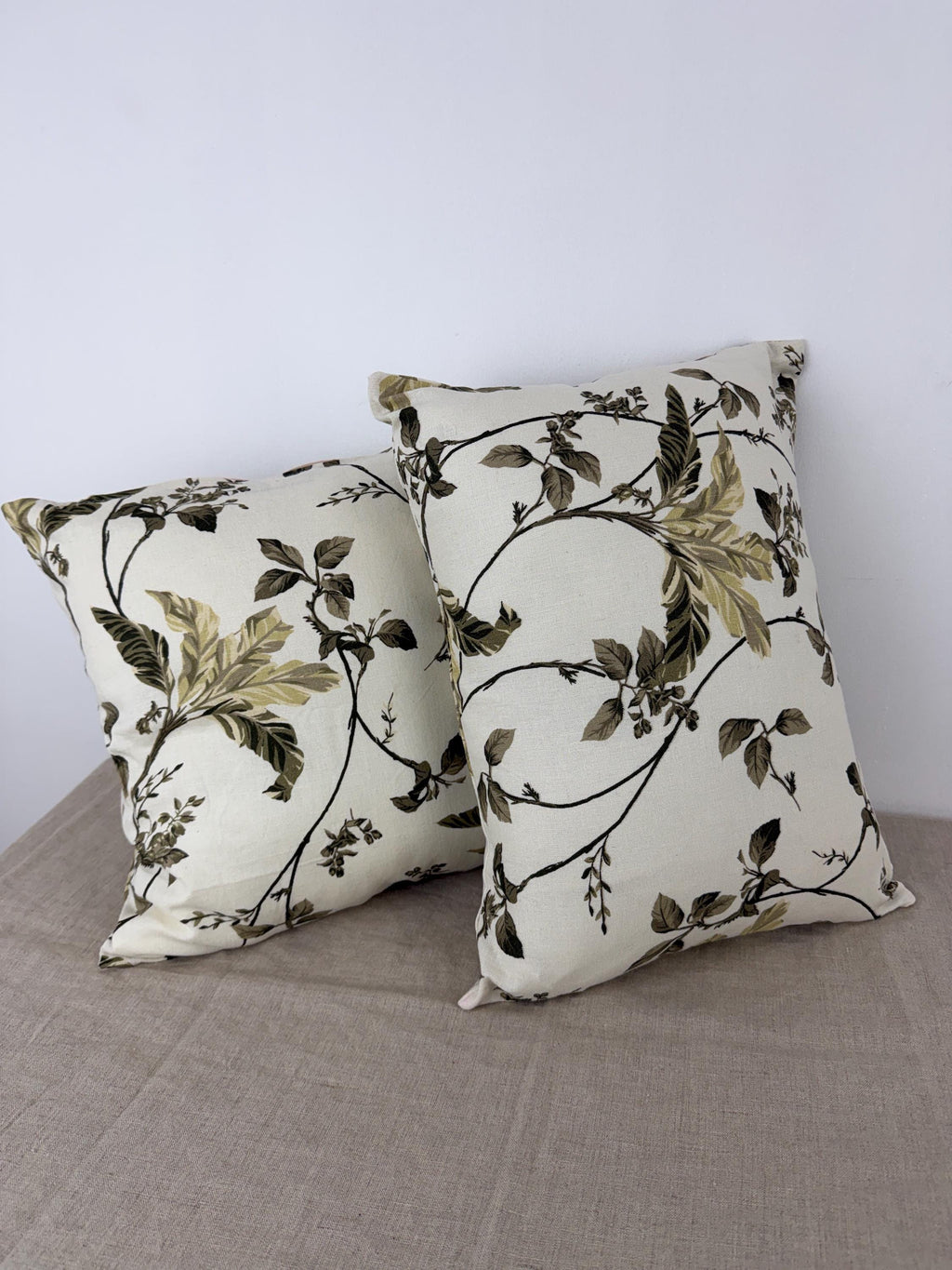 Botanical floral linen pillow cover in cream and olive green - view 10