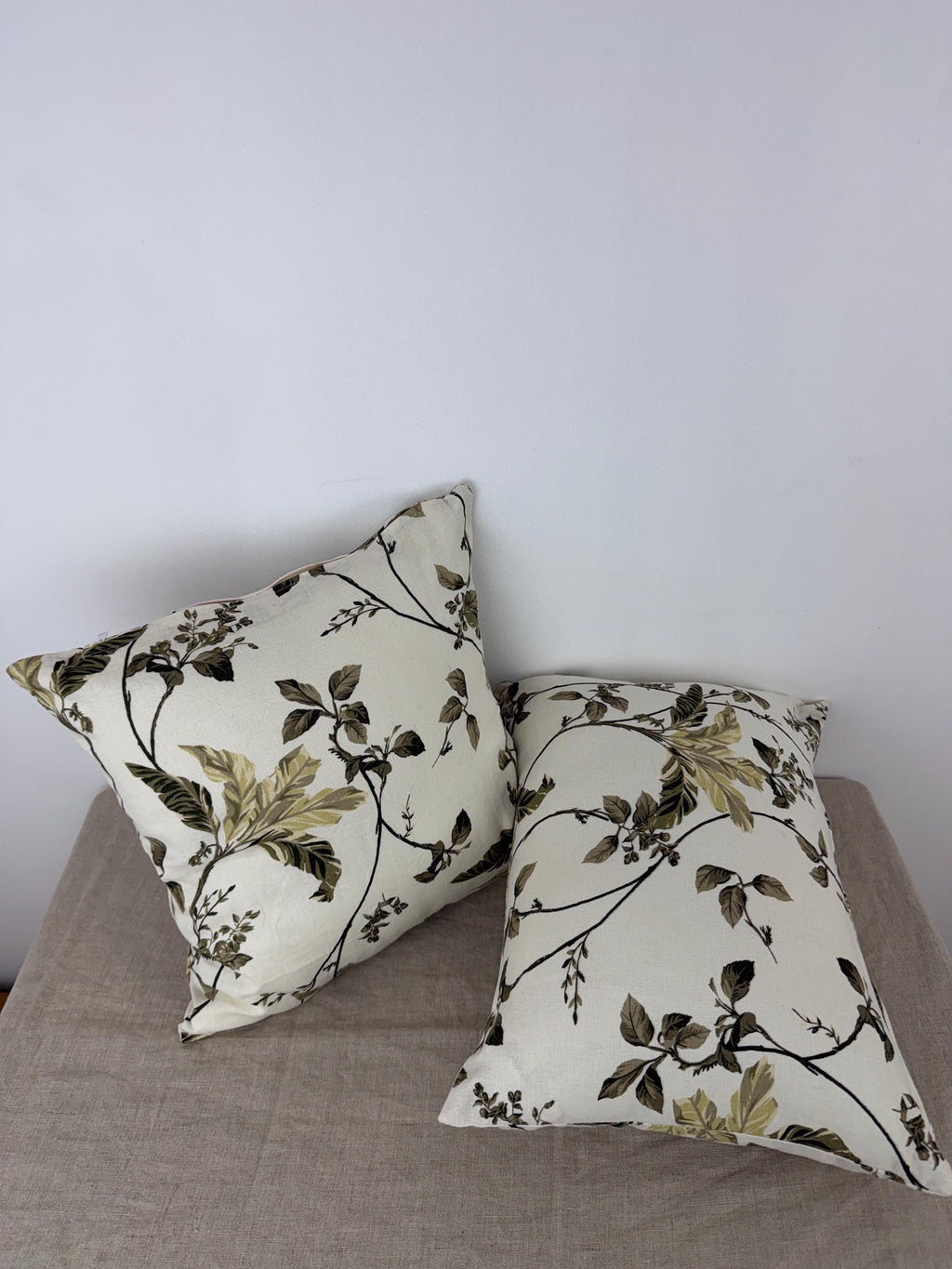 Botanical floral linen pillow cover in cream and olive green - view 3