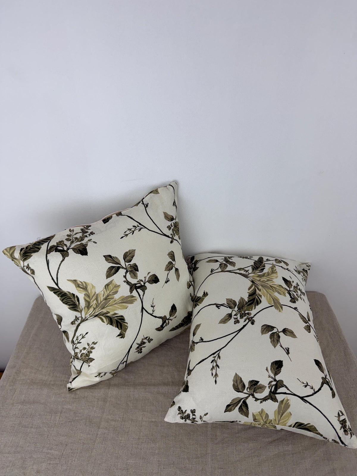 Botanical floral linen pillow cover in cream and olive green - view 3