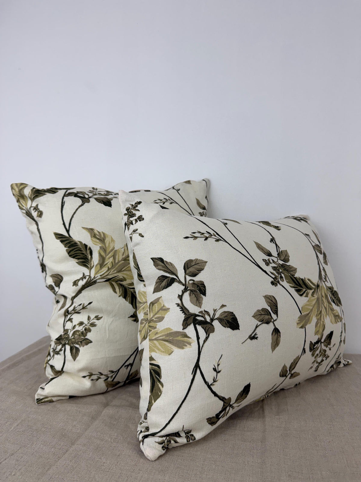 Botanical floral linen pillow cover in cream and olive green - view 4
