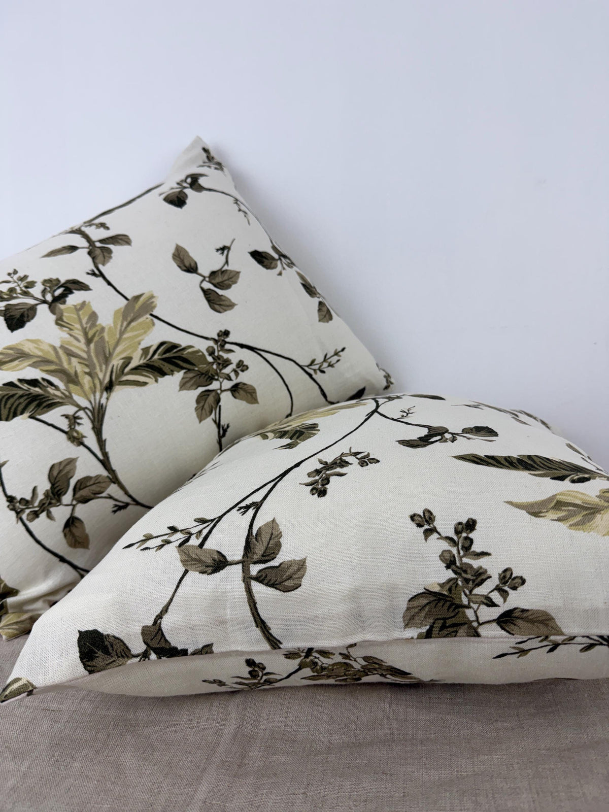 Botanical floral linen pillow cover in cream and olive green - view 5