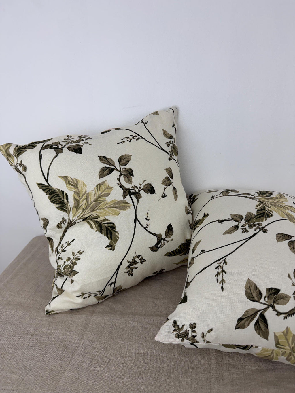 Botanical floral linen pillow cover in cream and olive green - view 6