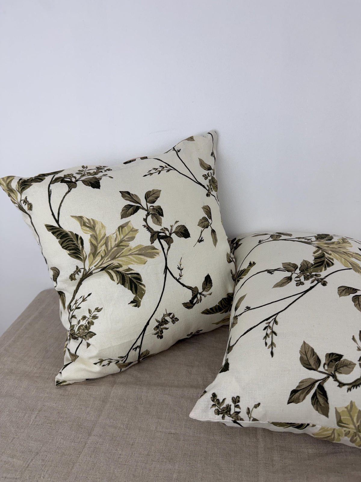 Botanical floral linen pillow cover in cream and olive green - view 6