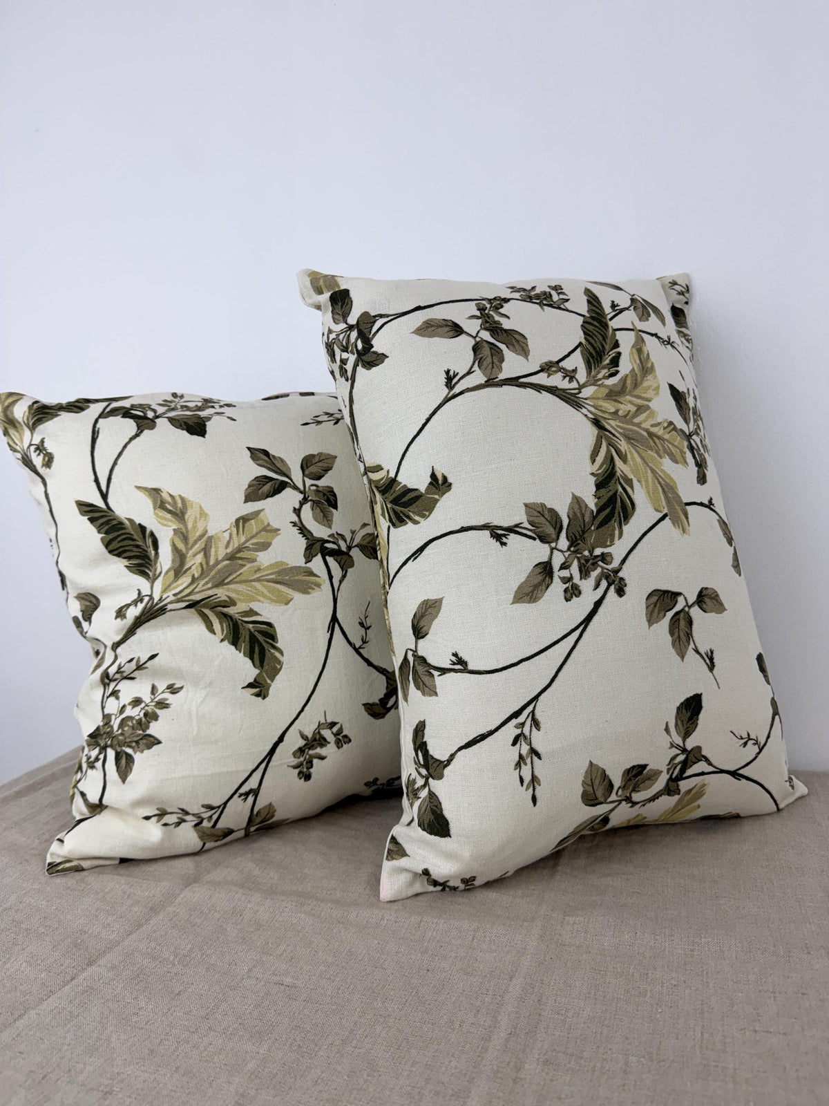 Botanical floral linen pillow cover in cream and olive green - view 7