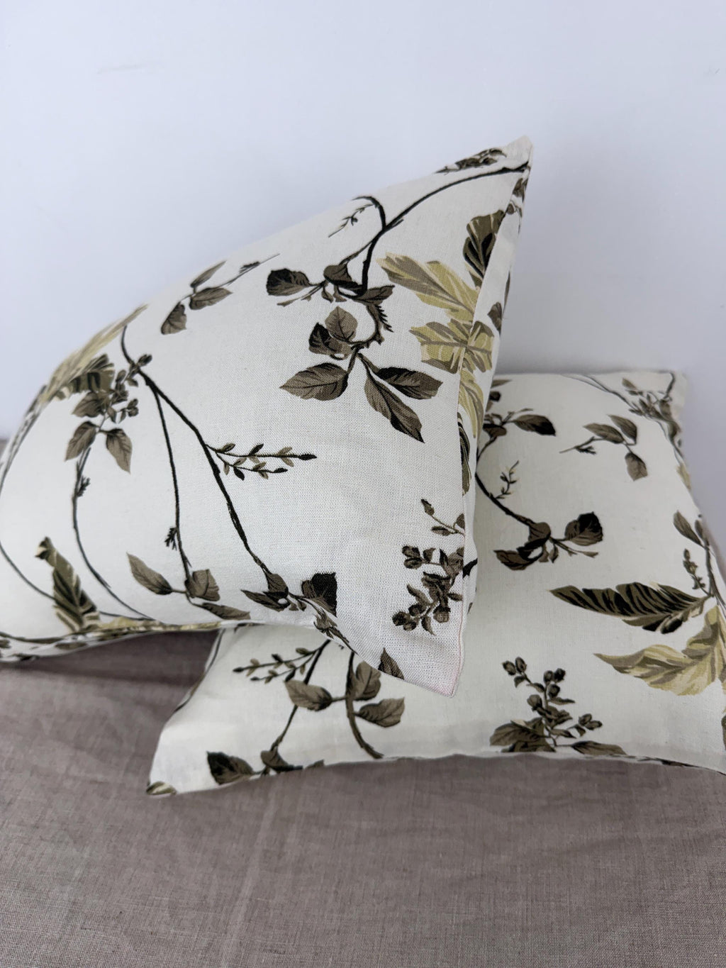 Botanical floral linen pillow cover in cream and olive green - view 8