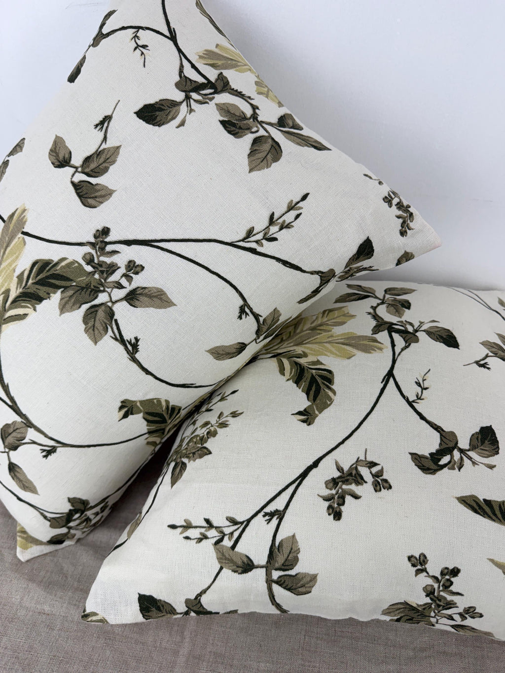 Botanical floral linen pillow cover in cream and olive green - view 9