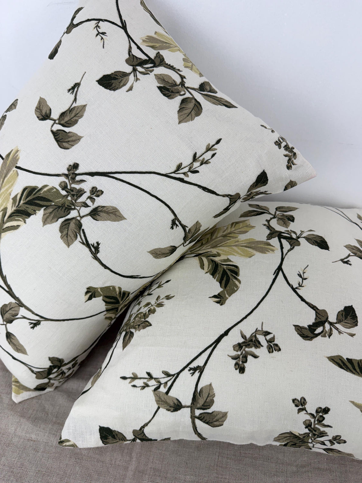 Botanical floral linen pillow cover in cream and olive green - view 9