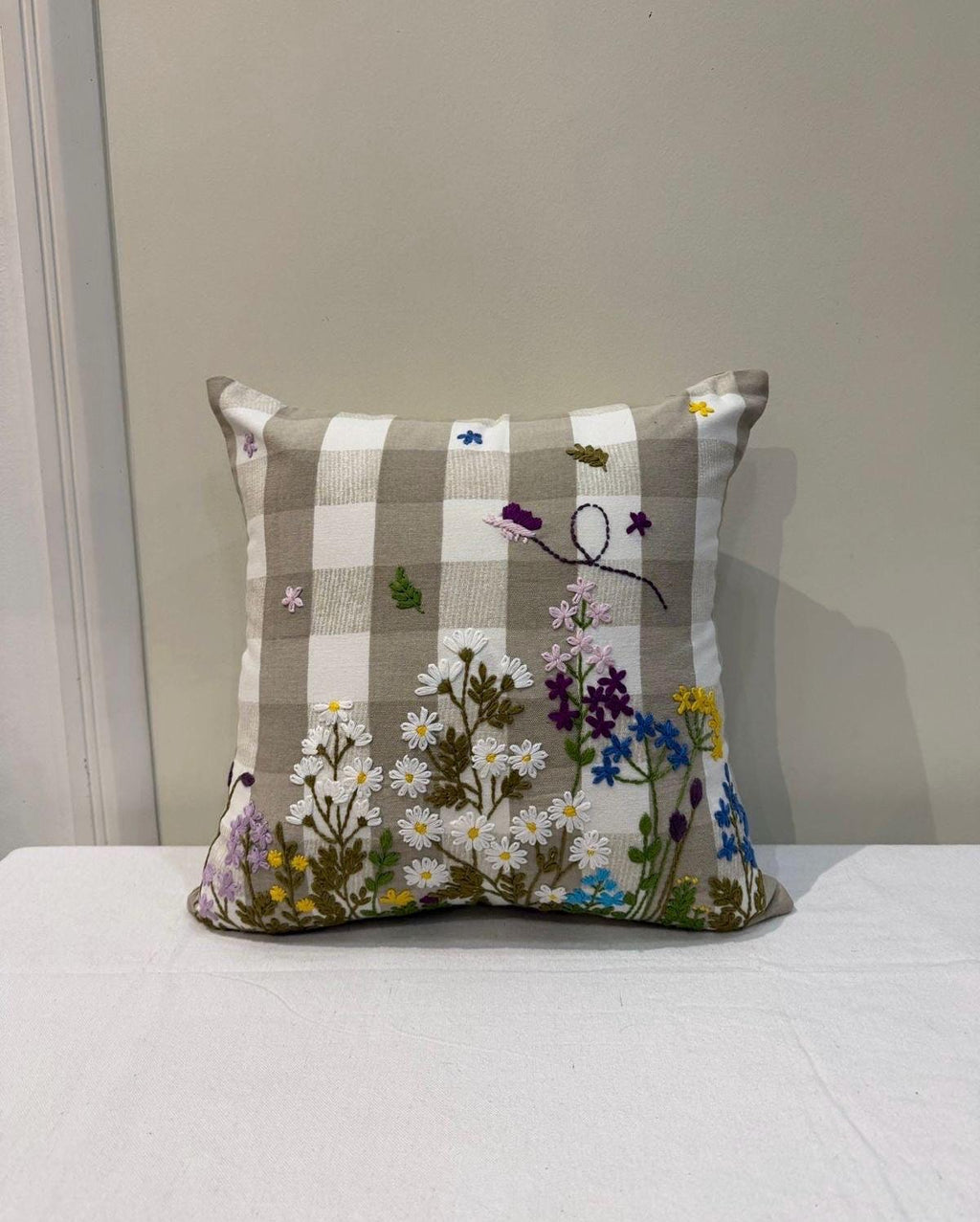 Embroidered floral boho cotton pillow cover, 18x18 inch