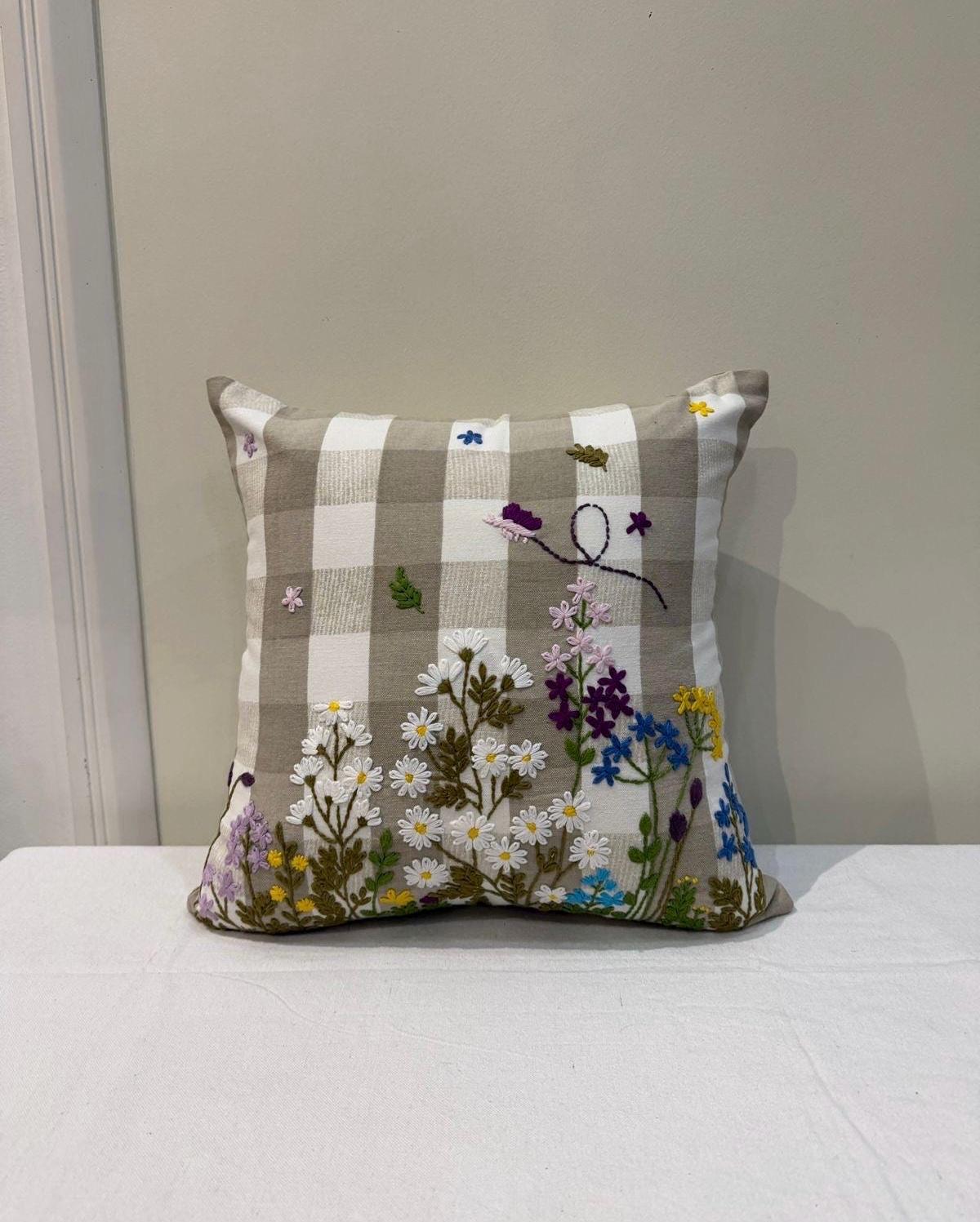 Embroidered floral boho cotton pillow cover, 18x18 inch