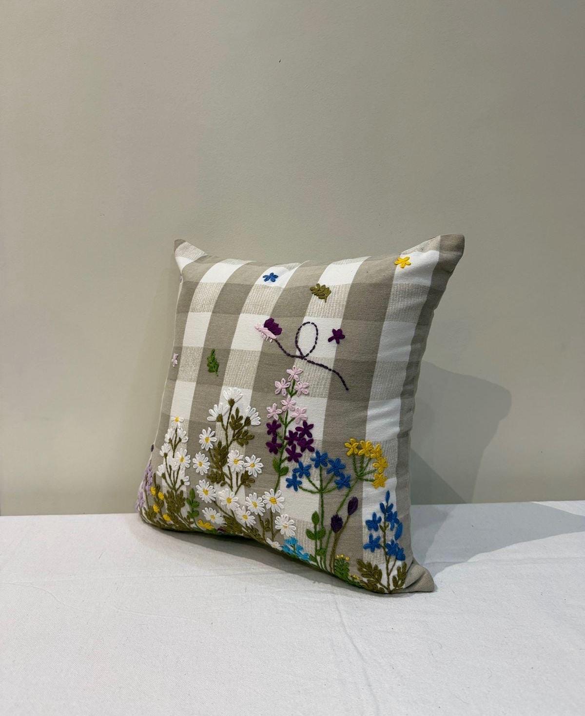 Embroidered floral boho cotton pillow cover, 18x18 inch - view 3