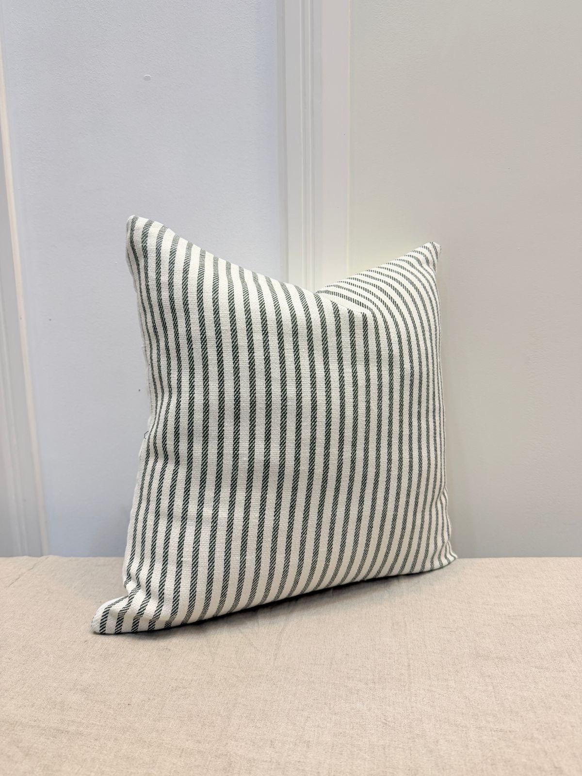 Green and white striped cotton pillow cover - view 2