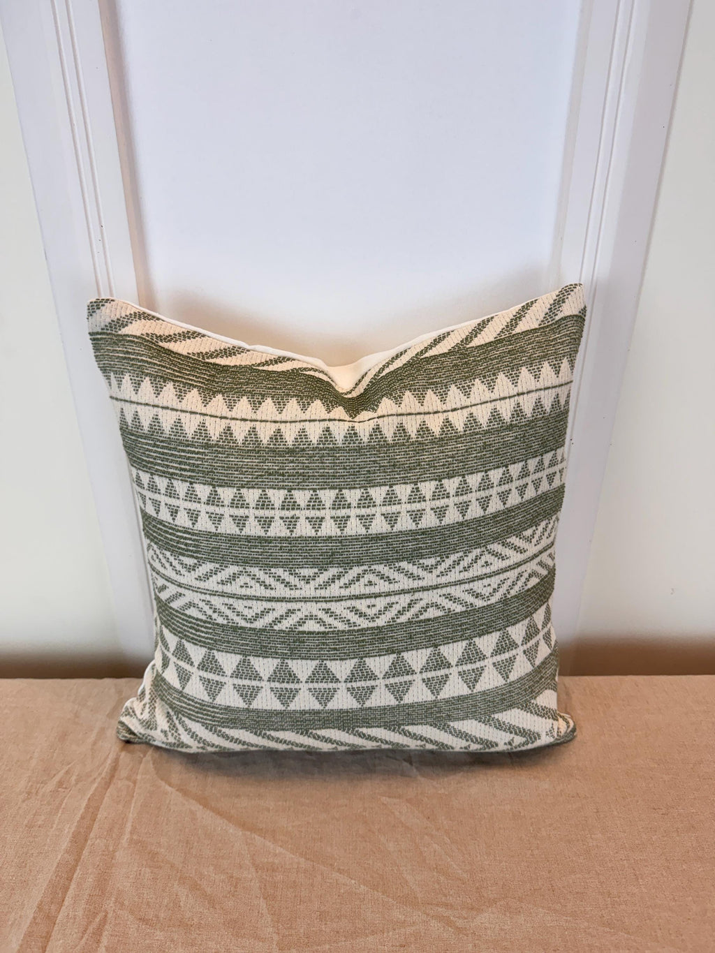 Green geometric woven pillow cover, boho farmhouse