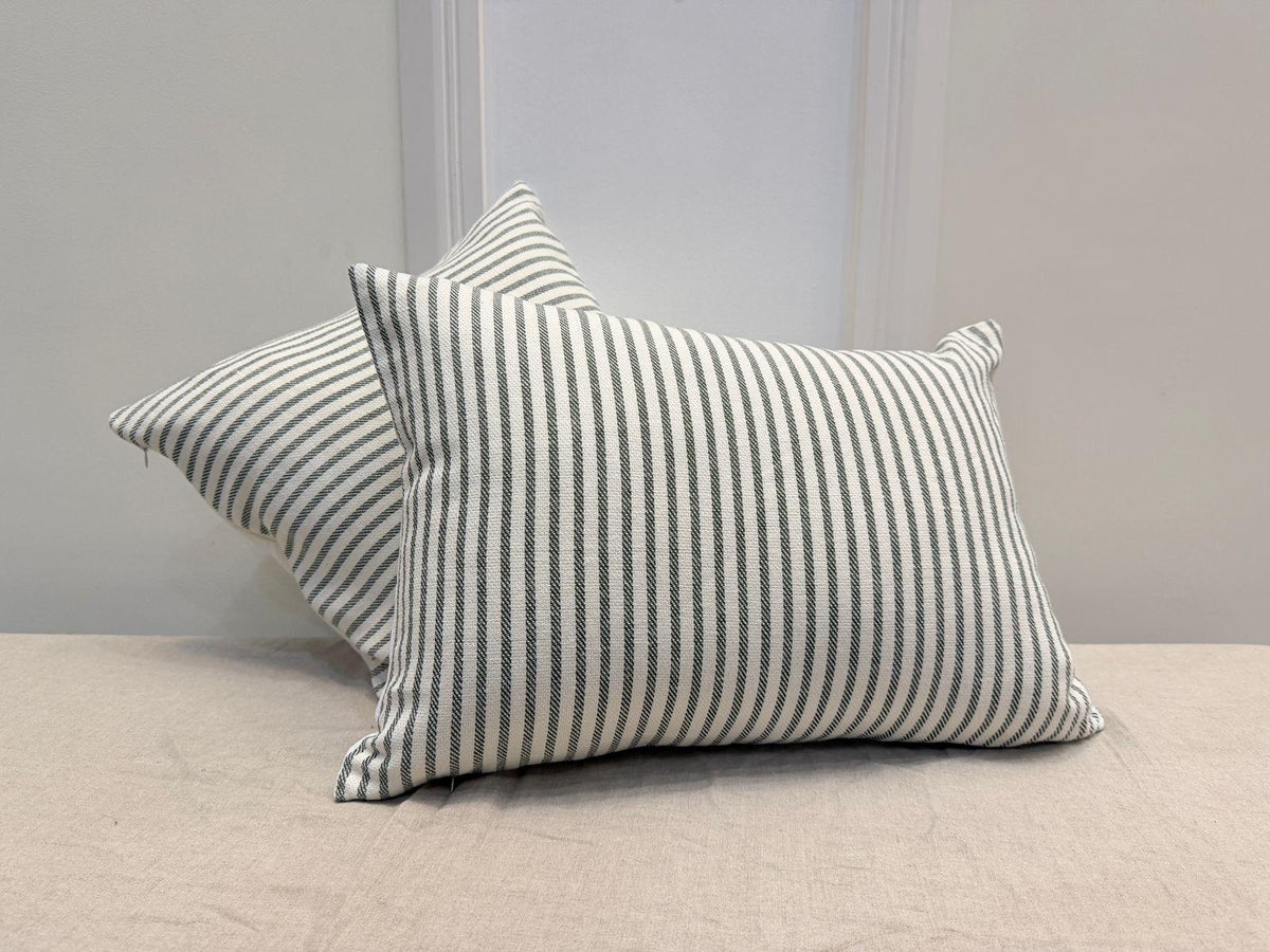 Green striped cotton lumbar pillow cover - view 9