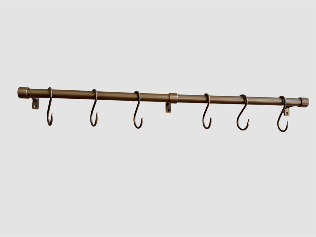 Unlacquered solid brass pot rail with S hooks, wall mounted - view 2