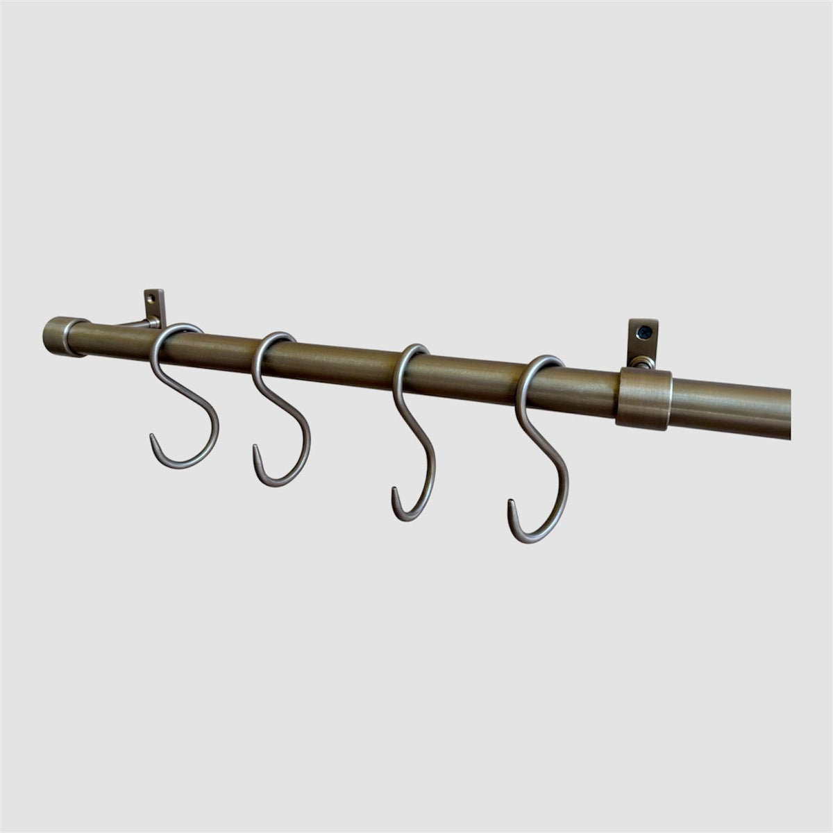 Unlacquered solid brass pot rail with S hooks, wall mounted - view 3