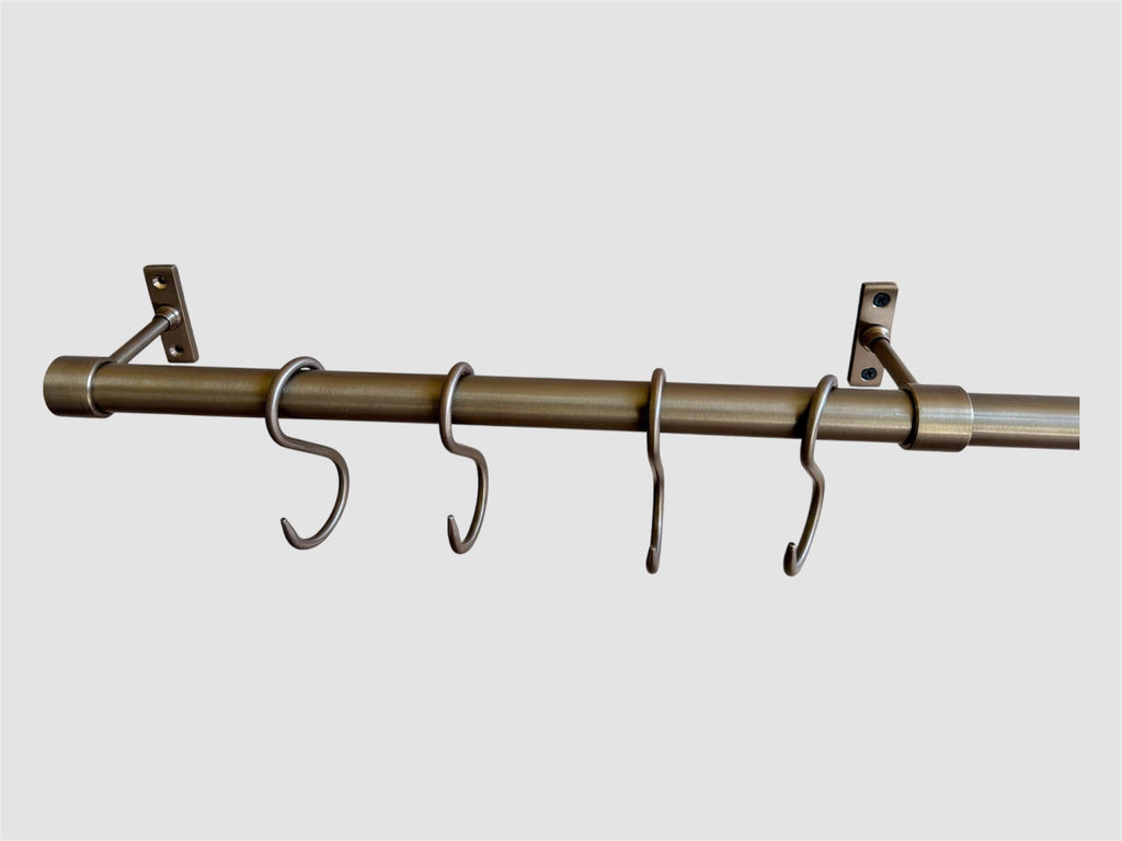 Unlacquered solid brass pot rail with S hooks, wall mounted - view 5