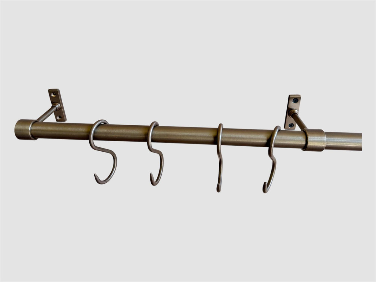 Unlacquered solid brass pot rail with S hooks, wall mounted - view 5