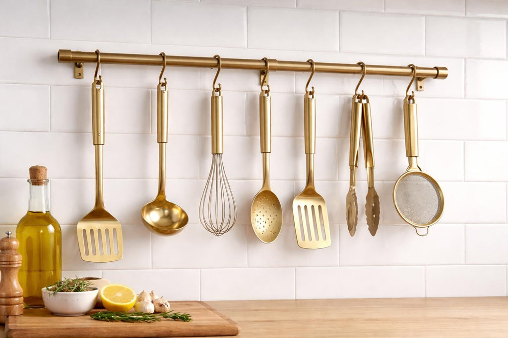 Unlacquered solid brass pot rail with S hooks, wall mounted - view 7