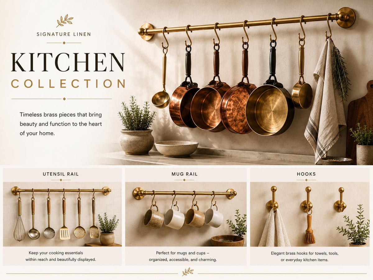 Unlacquered solid brass pot rail with S hooks, wall mounted - view 9