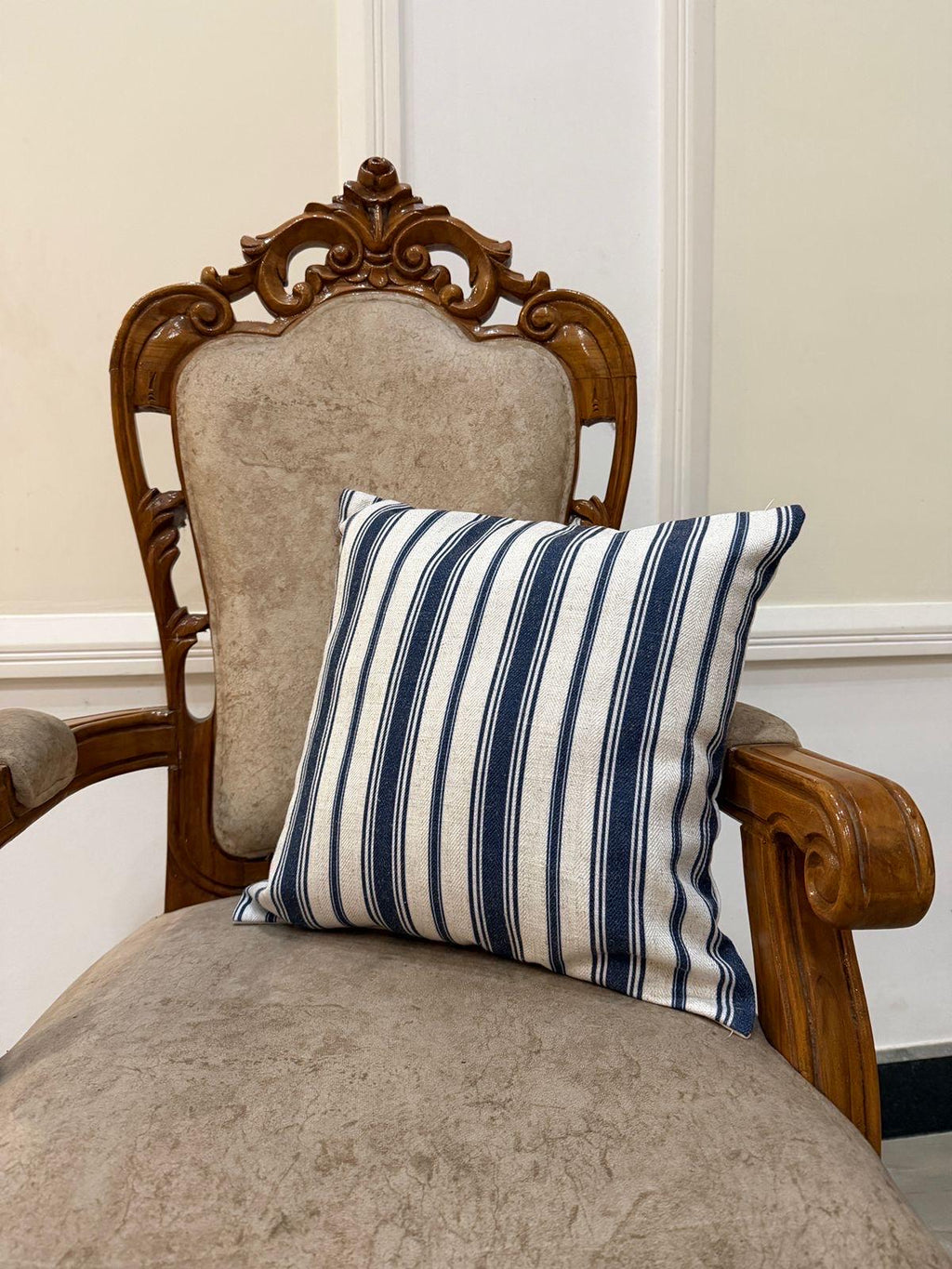 Navy blue and beige ikat wool pillow cover