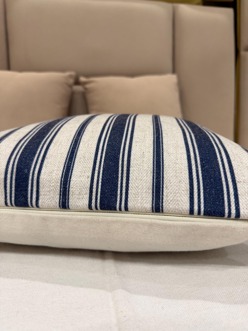 Navy blue and beige ikat wool pillow cover - view 5