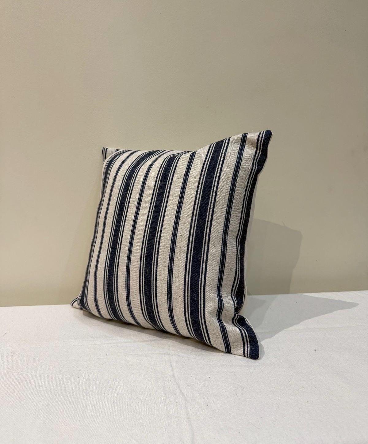 Navy blue and beige ikat wool pillow cover - view 6