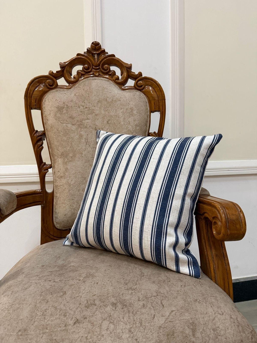 Navy blue and beige ikat wool pillow cover - view 8