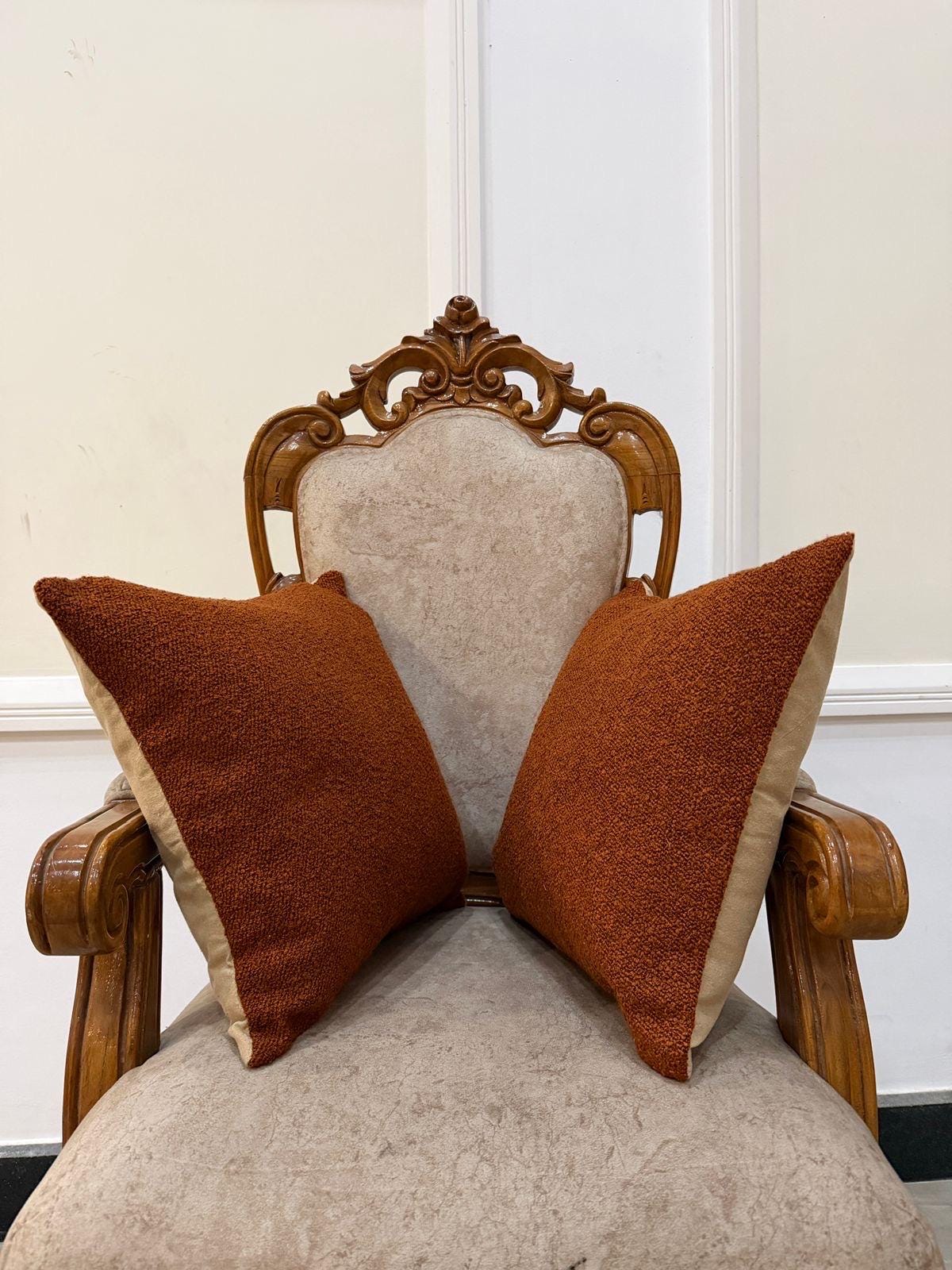 Burnt Orange Teddy Fabric Cushion - Handmade Rust Bouclé Texture Pillow Cover