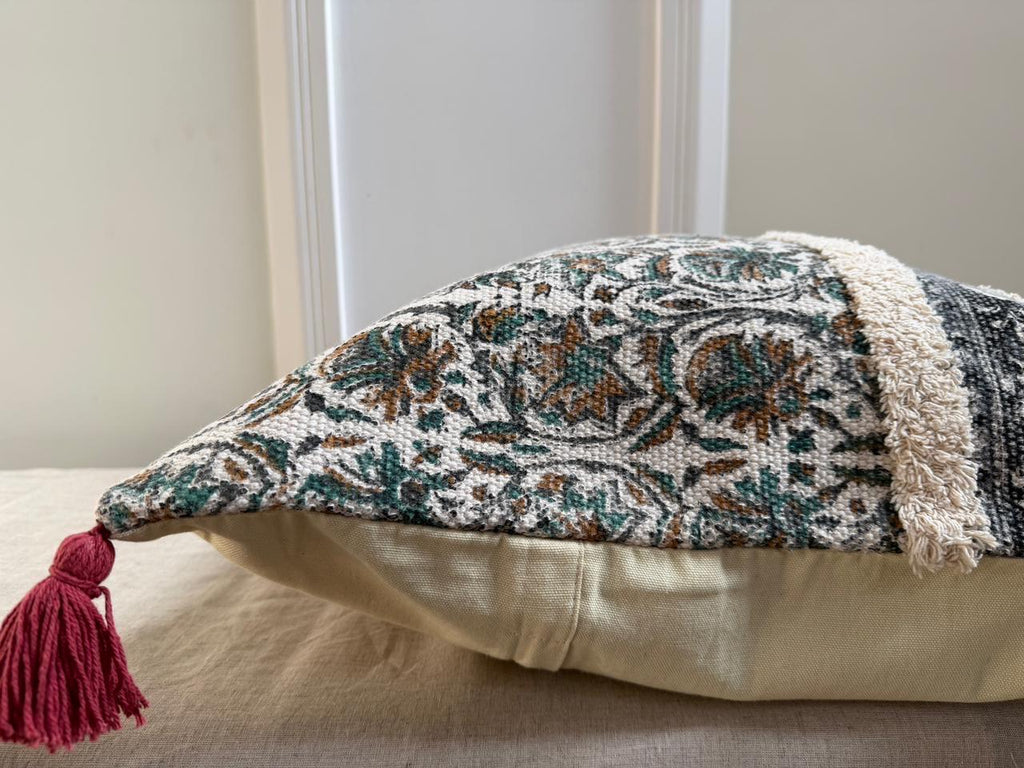 Slub Cotton Pillow Cover | Boho Floral Print with Tassel Corners