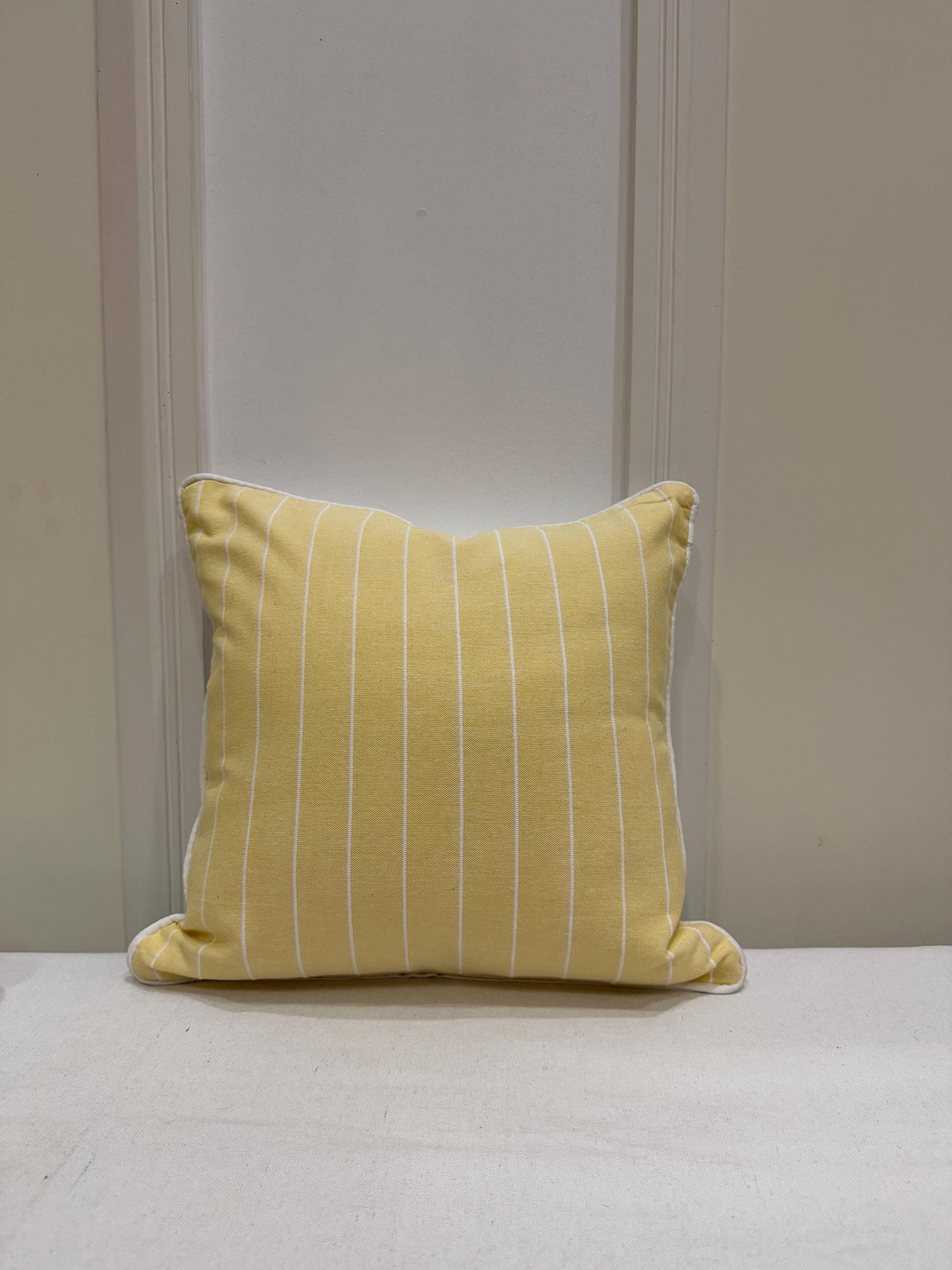 Yellow Striped Cotton Pillow Cover with White Piping – Farmhouse Coastal Cushion