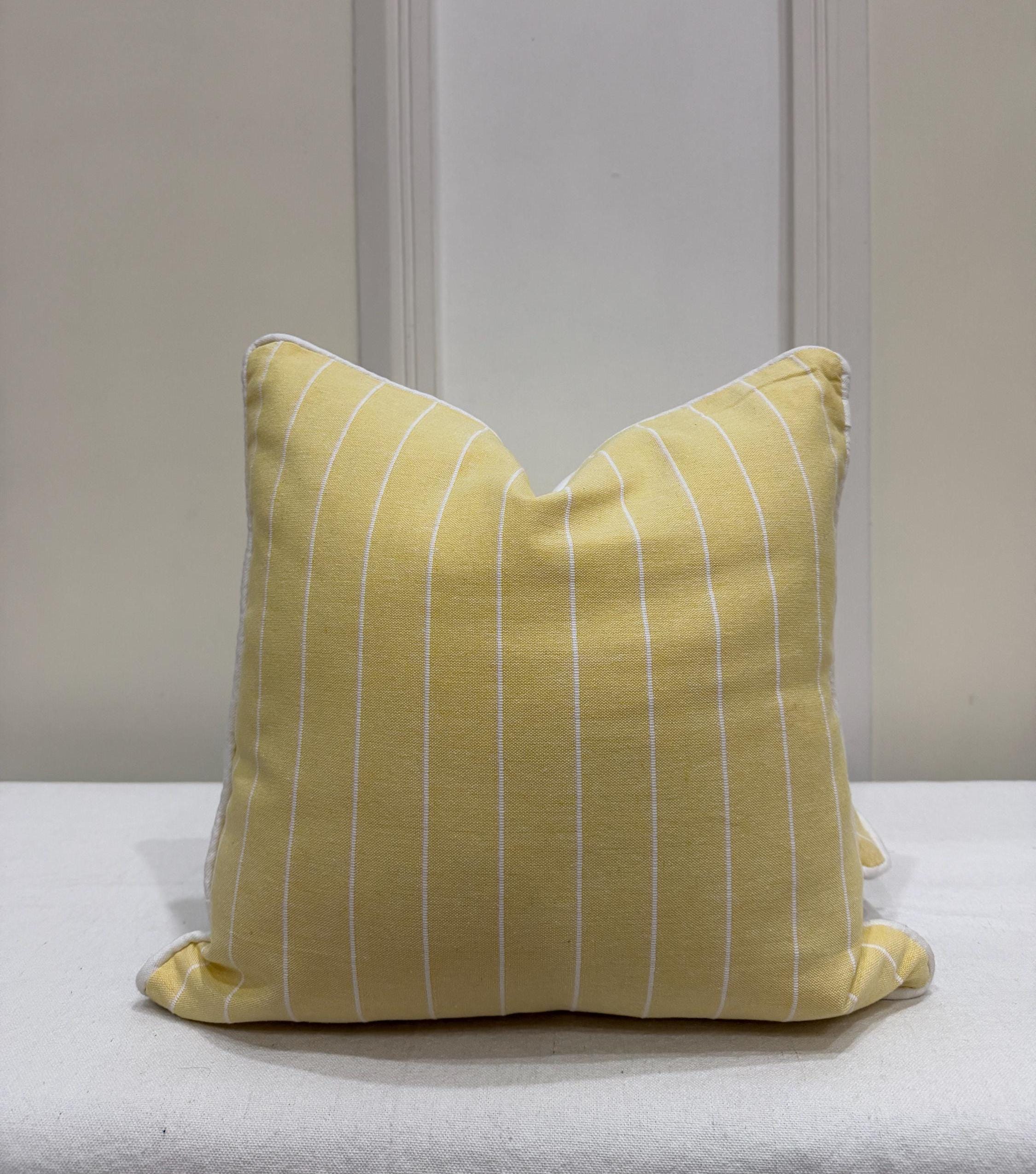 Yellow Striped Cotton Pillow Cover with White Piping – Farmhouse Coastal Cushion