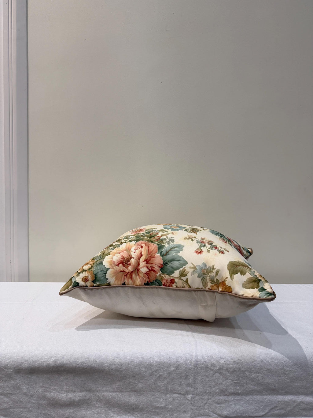 Vintage Floral Print Cotton Pillow Cover — Peachy Rose & Sage Botanical Cushion