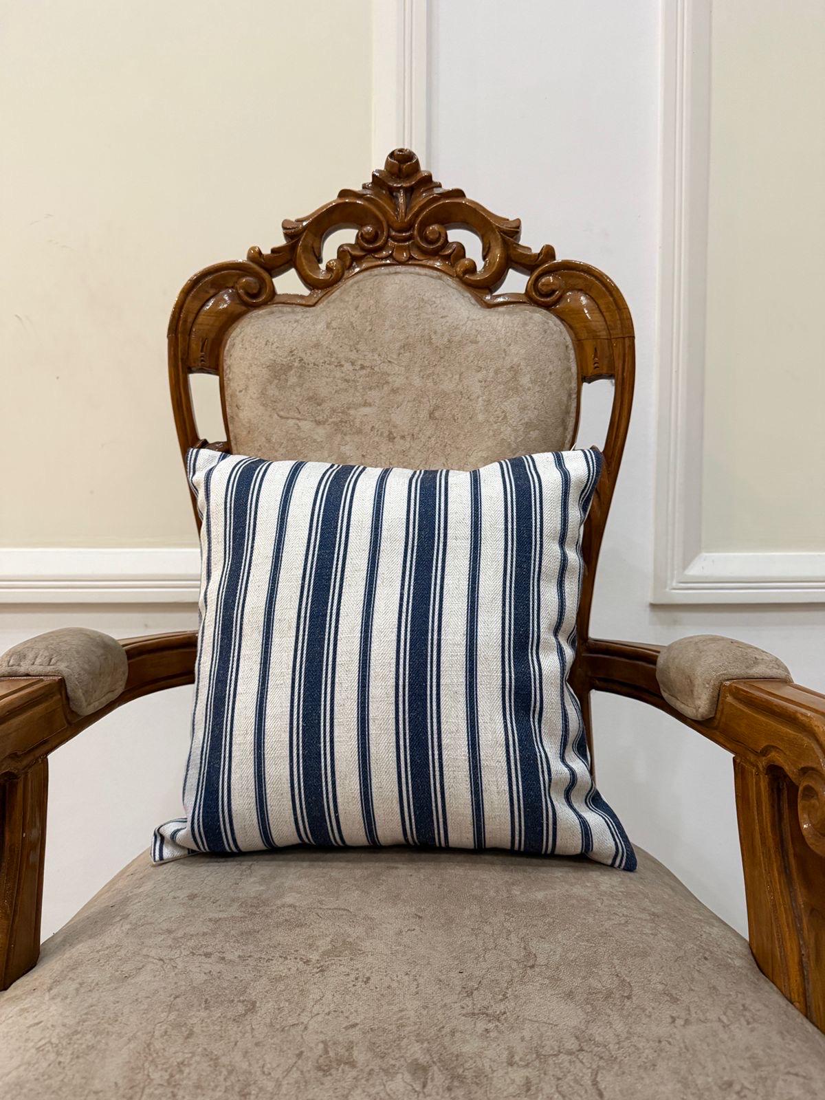 Handmade Wool Pillow Cover | Navy Blue & Beige Ikat Geometric Cushion