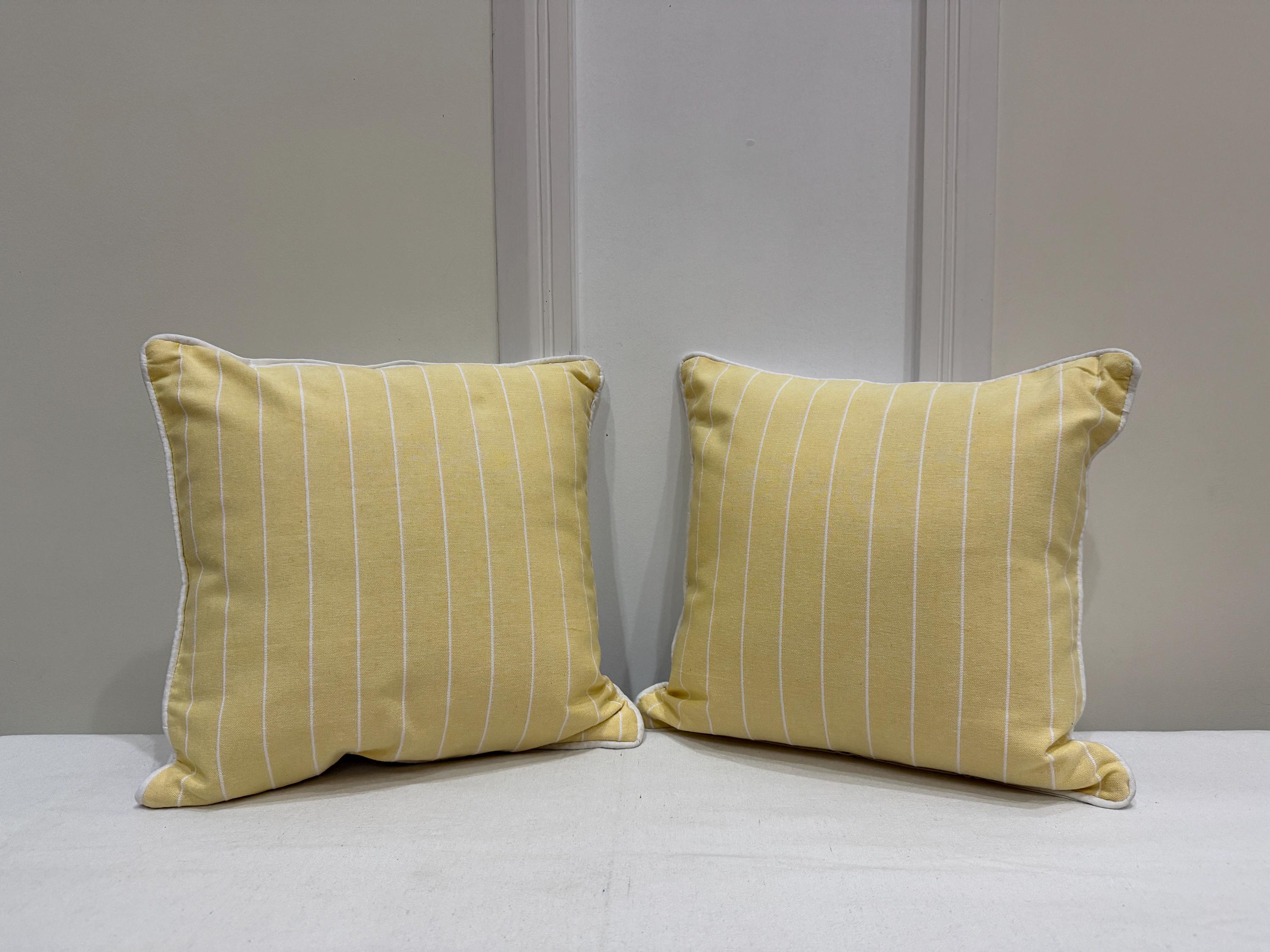 Yellow Striped Cotton Pillow Cover with White Piping – Farmhouse Coastal Cushion