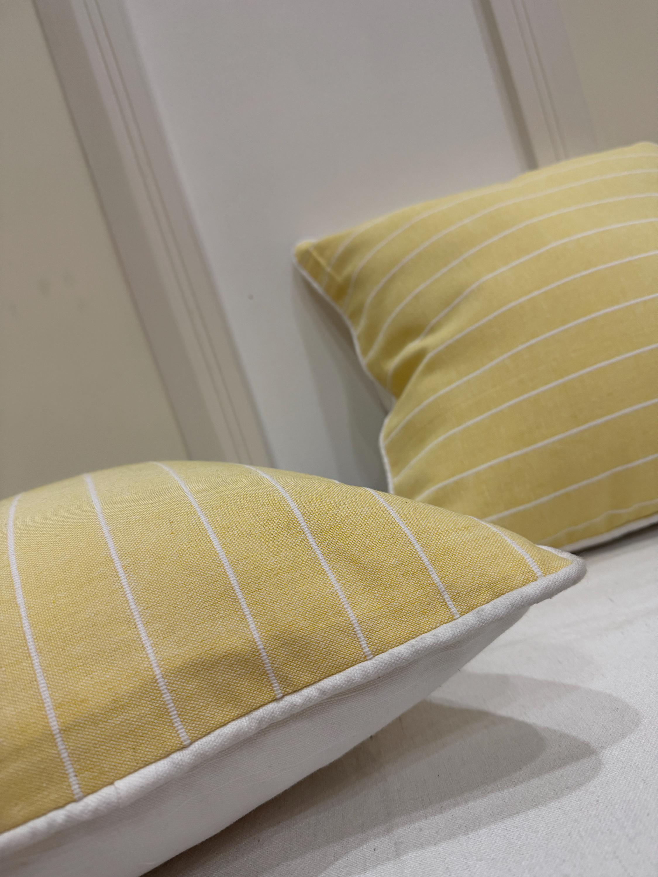 Yellow Striped Cotton Pillow Cover with White Piping – Farmhouse Coastal Cushion
