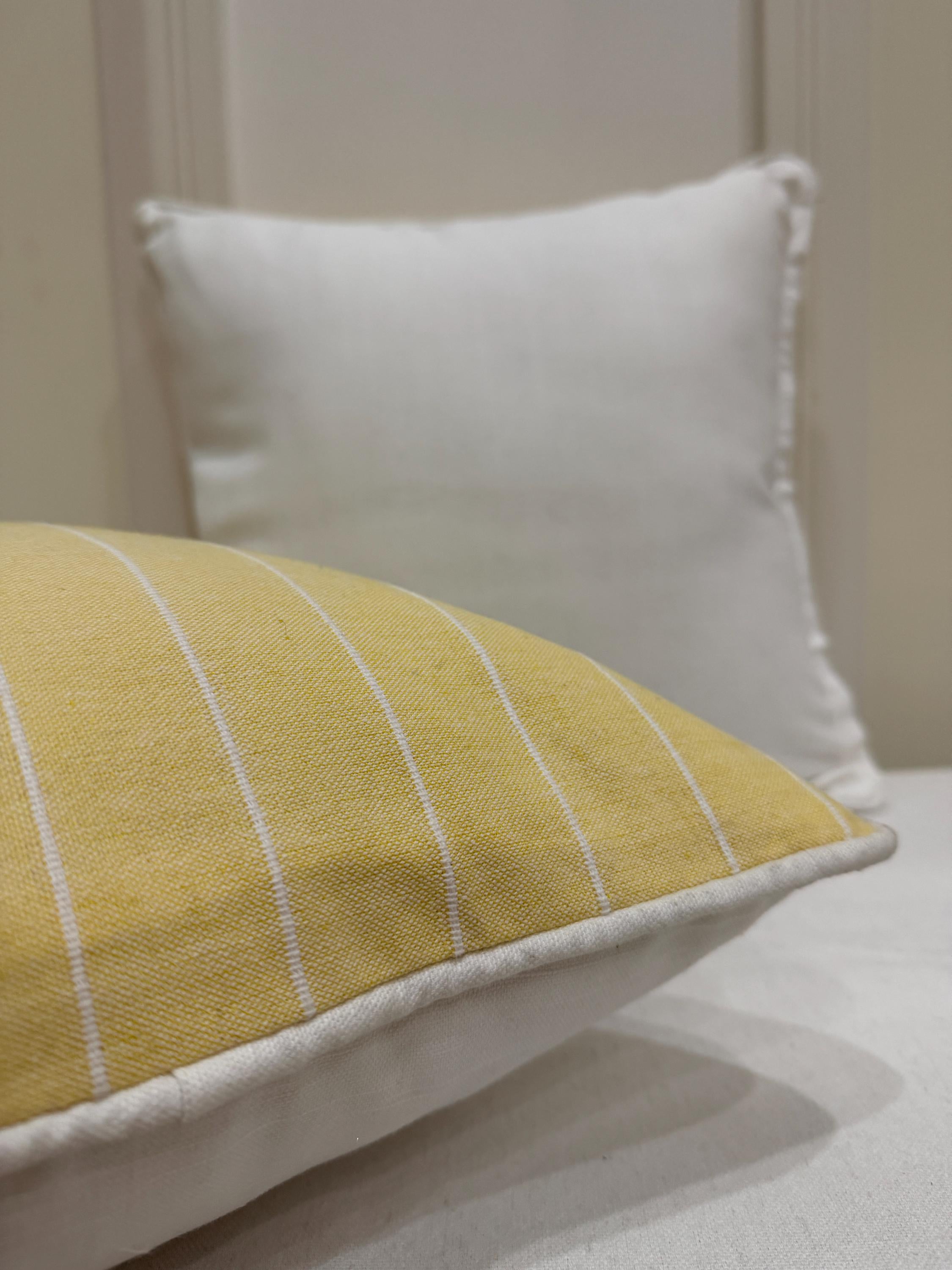 Yellow Striped Cotton Pillow Cover with White Piping – Farmhouse Coastal Cushion