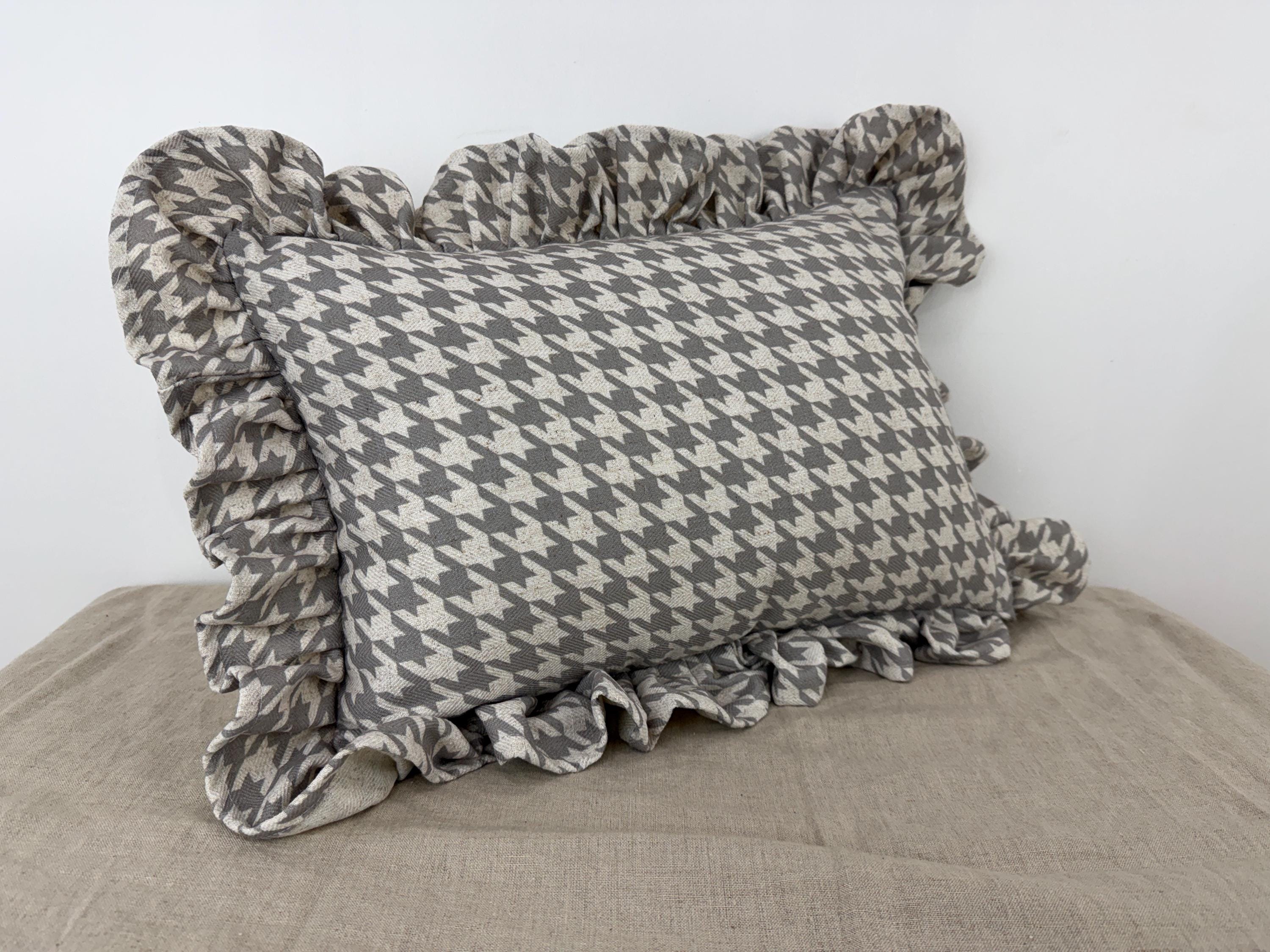 Neutral Houndstooth Pillow Cover - Ruffled Edge Lumbar Cushion, Ivory & Grey Farmhouse Decor