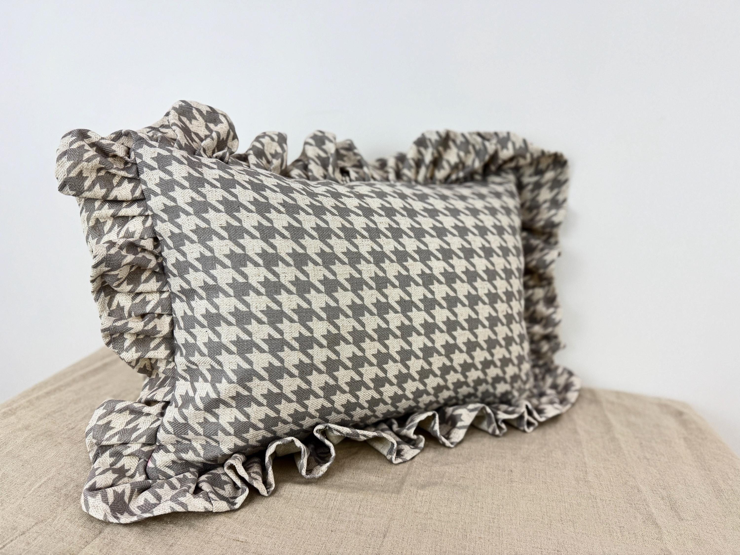 Neutral Houndstooth Pillow Cover - Ruffled Edge Lumbar Cushion, Ivory & Grey Farmhouse Decor