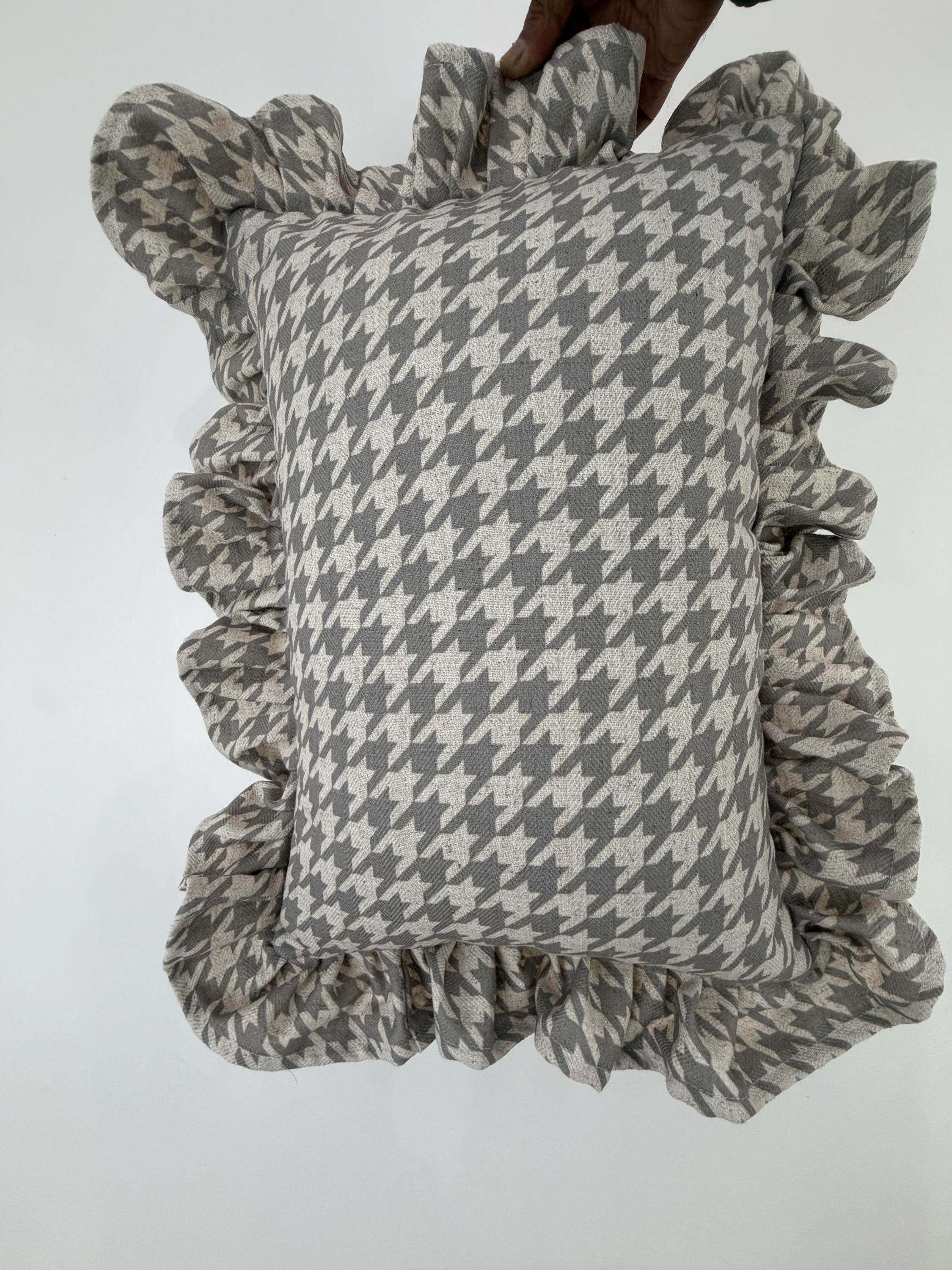 Neutral Houndstooth Pillow Cover - Ruffled Edge Lumbar Cushion, Ivory & Grey Farmhouse Decor
