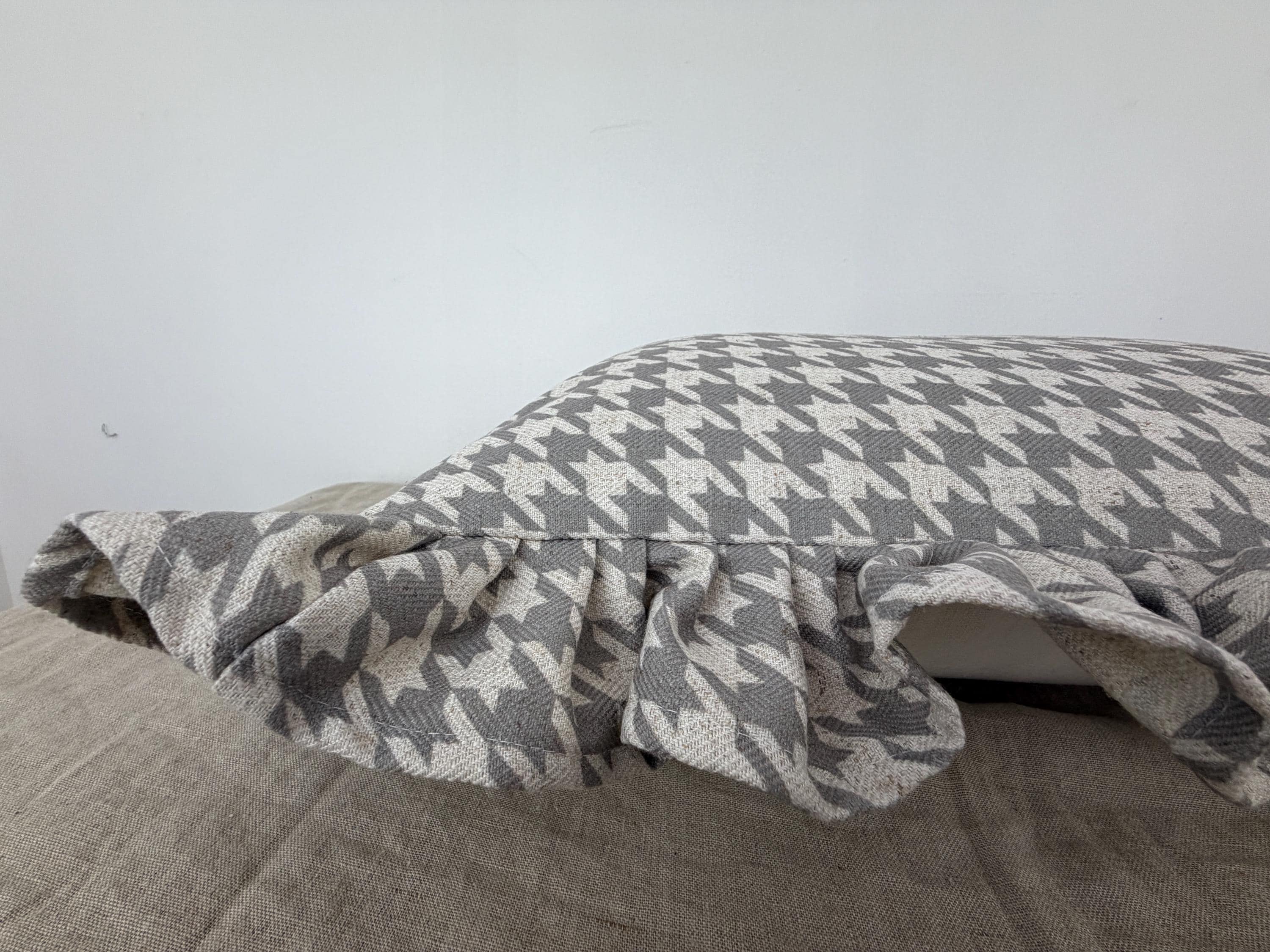 Neutral Houndstooth Pillow Cover - Ruffled Edge Lumbar Cushion, Ivory & Grey Farmhouse Decor