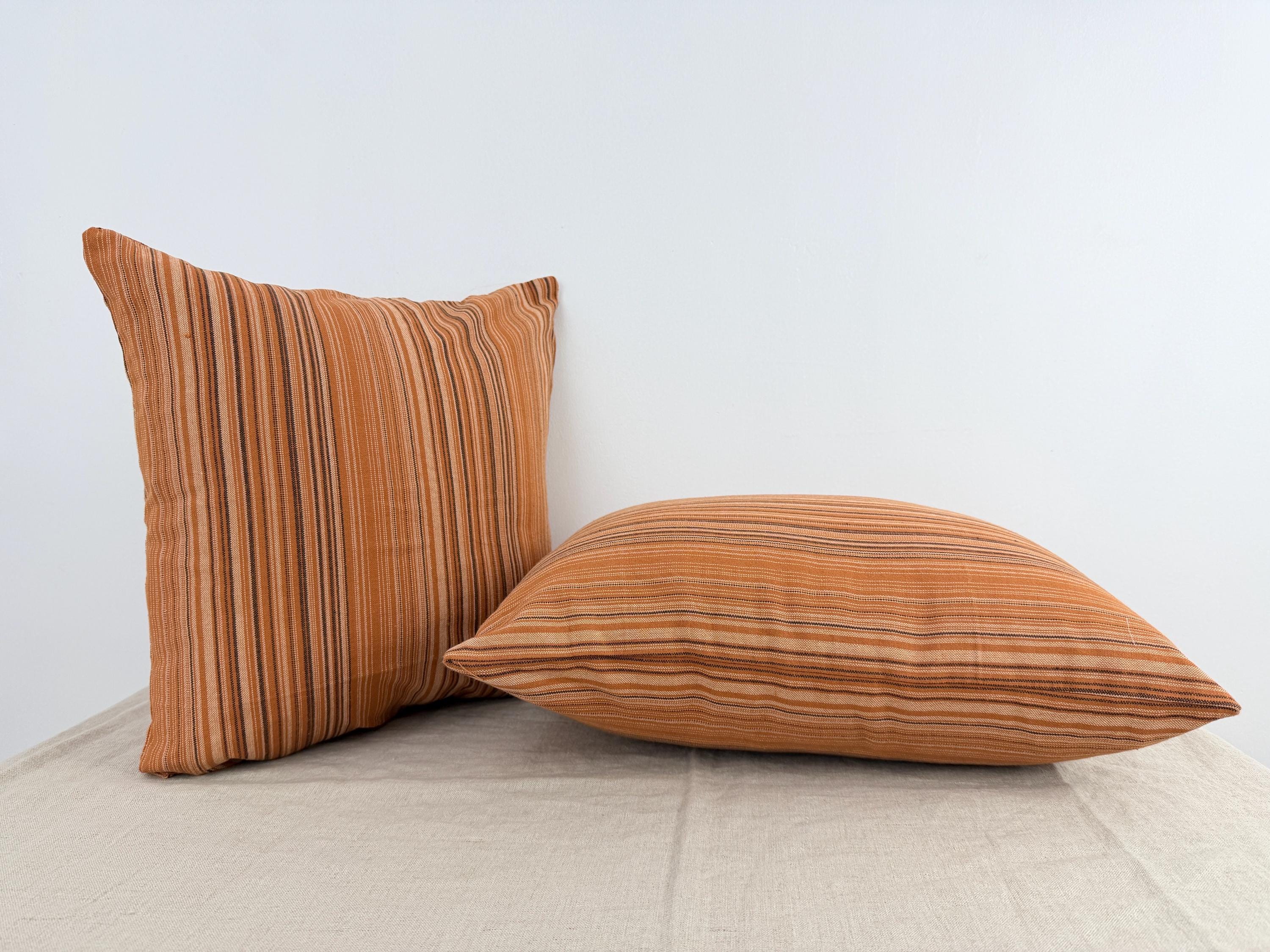 Striped Cotton Pillow Cover — Warm Rust & Neutral Accent Cushion, Minimal Boho Decor