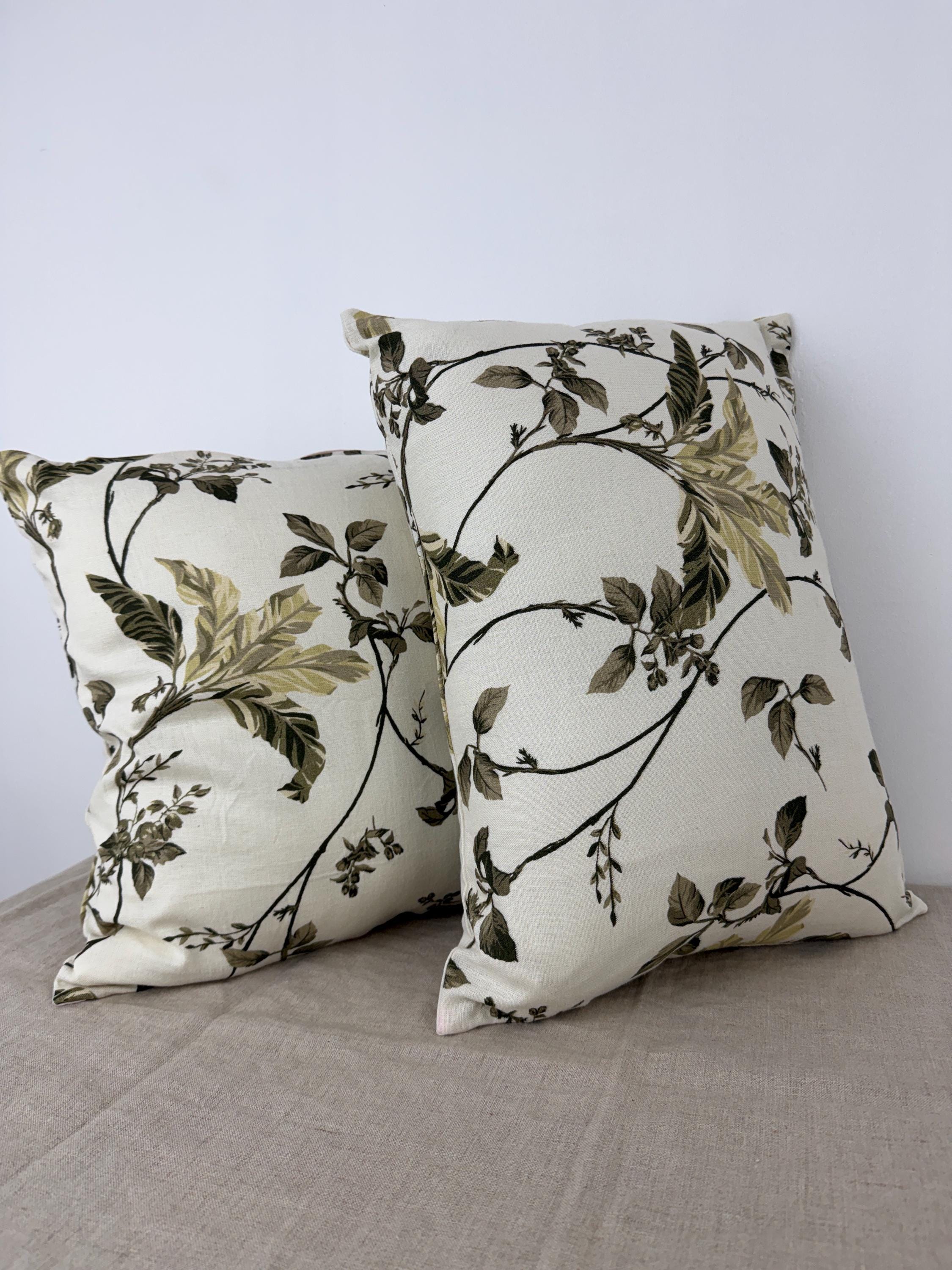 Botanical Linen Throw Pillow Cover | Floral Neutral Cushion | Cream & Olive Green Decorative Pillow